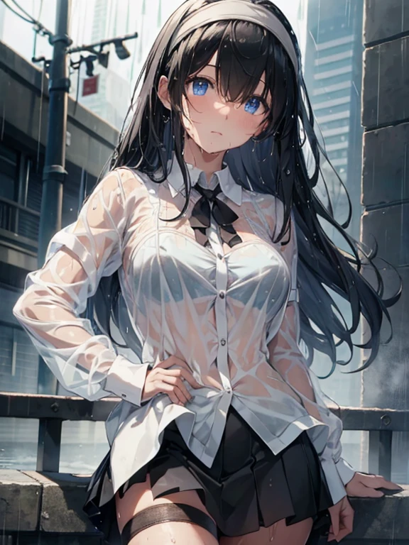 最high quality、Best image quality、masterpiece、With a girl((cute、20-year-old、Best Bust、Medium Bust、Bust 85,Beautiful Blue Eyes、Spread your chest wide,Long black hair、Slender、The best valley、、Blue Y-shirt、White short skirt,Show the whole body、Black perforated gloves,Blue Mesh,The gesture of lifting one&#39;s hair、Leaning forward greatly)）high quality、Beautiful art、background((School、School zone、Strong winds)),Tabletop、Exquisite design、Visual Arts、Depth of written boundary、Best lighting、Highest detail、8ｋ