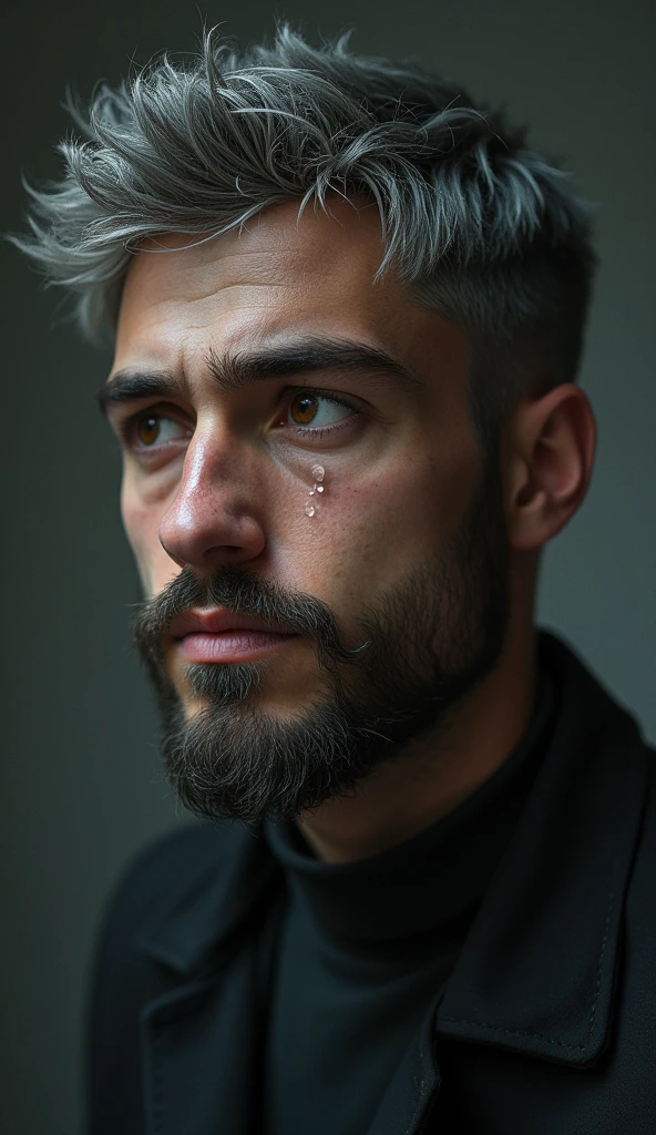 a man with a beard that covers his entire chin to half his cheek and with short hair, medium dark skin crying