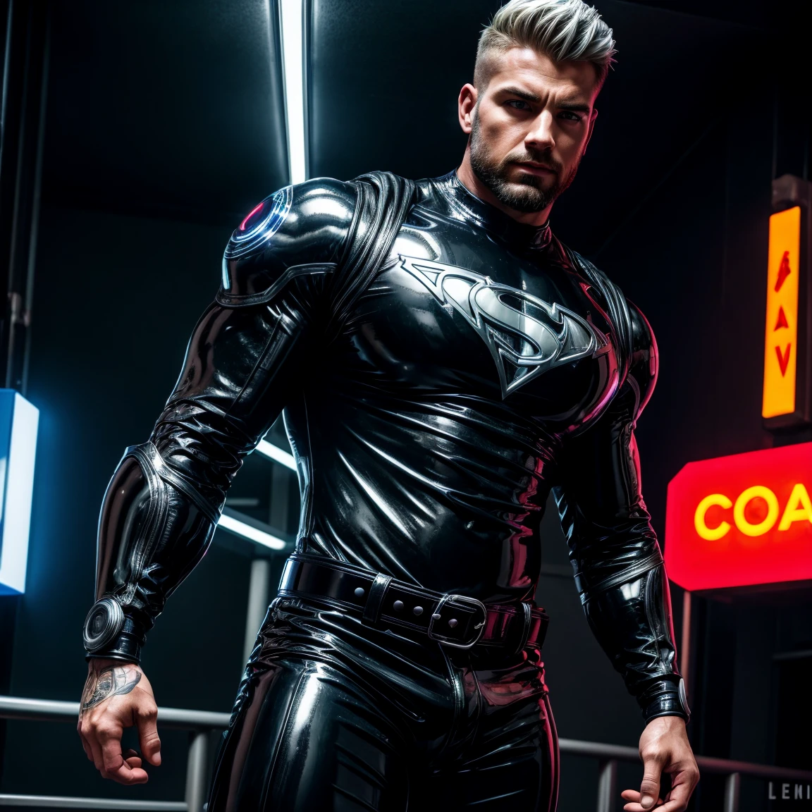 handsome huge gangsta bodybuilder Roman Todd on motorcycle, huge muscles, crotch bulge, quilted and studded with high spikes black shiny leather jacket, black shiny leather shirt, black shiny leather pants, black sunglasses, industrial architecture: 1.4), retrofuturism, insane details, (Fujiflim XT3), 20 megapixel,