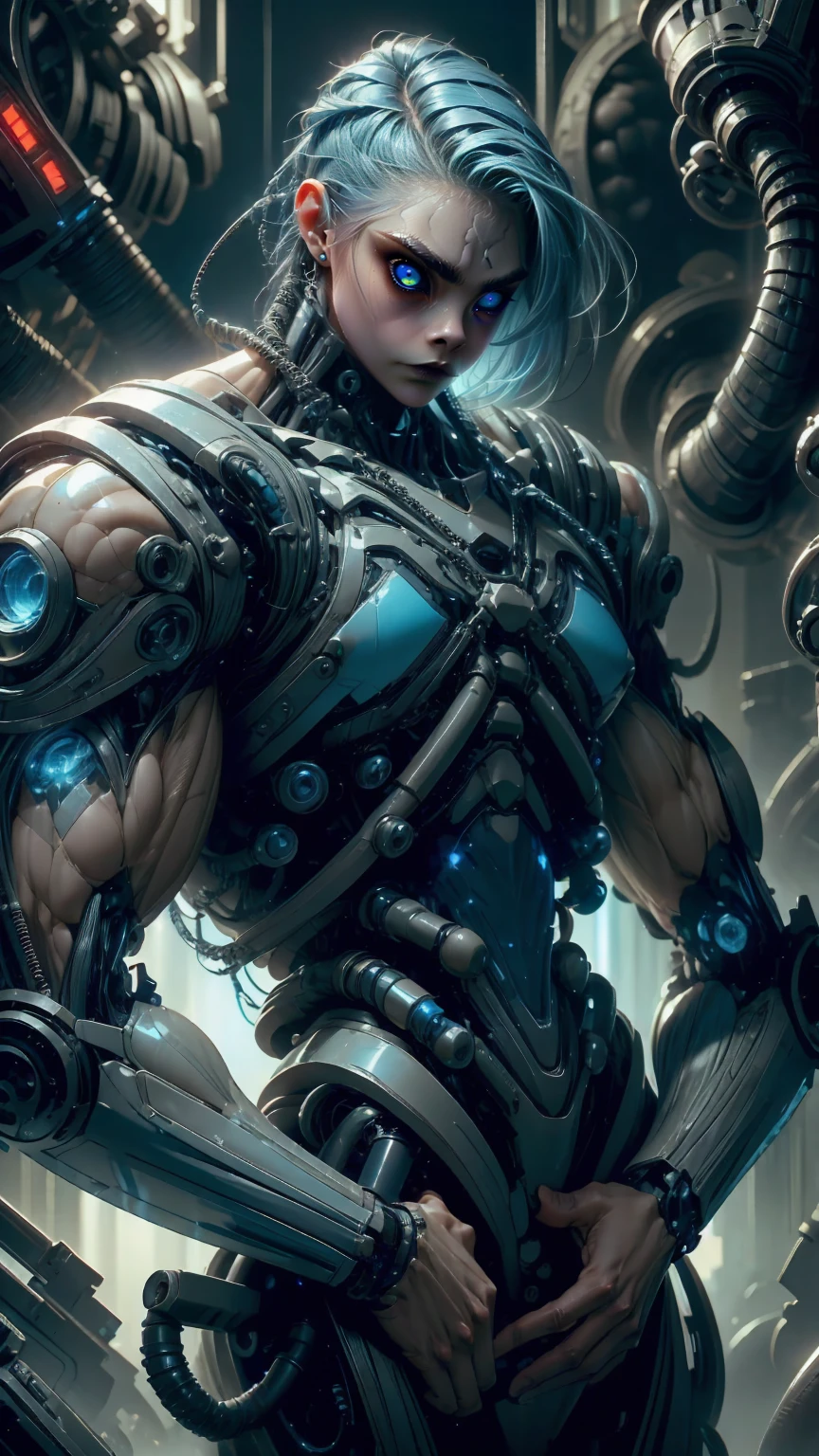 (1 girl), (Cara delevingne:1.25), beautiful teenage muscular goth cyborg androgyn, (black sclera:1.25), (blue glowing eyes:1.25), (blue glowing body veins:1.25),(((muscular bodybuilder physique:1.45))), ((((extreme muscular hypertrophy:1.25)))), (flat muscular pecs:1.25), (full Cybernetic Exosuit armor:1.5), (skinny thin legs:0.75), (long blue glowing hair:1.5),(beautiful face:1.25), bimbo lips, plasttech, synthetic, gothic neon style, cyber punk style, Portrait shot