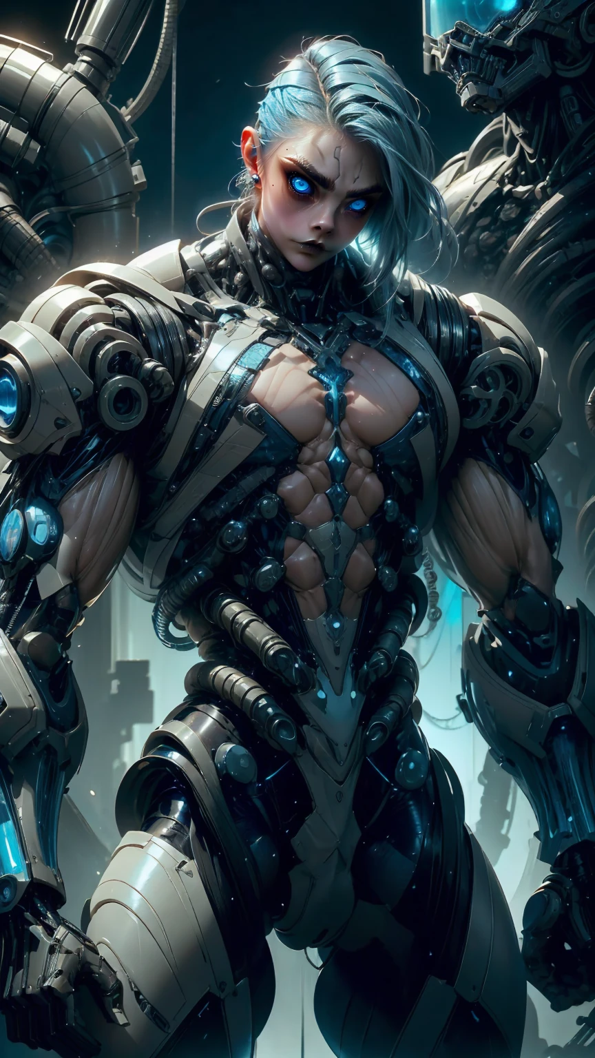 (1 girl), (Cara delevingne:1.25), beautiful teenage muscular goth cyborg androgyn, (black sclera:1.25), (blue glowing eyes:1.25), (blue glowing body veins:1.25),(((muscular bodybuilder physique:1.45))), ((((extreme muscular hypertrophy:1.25)))), (flat muscular pecs:1.25), (full Cybernetic Exosuit armor:1.5), (skinny thin legs:0.75), (long blue glowing hair:1.5),(beautiful face:1.25), bimbo lips, plasttech, synthetic, gothic neon style, cyber punk style, Portrait shot