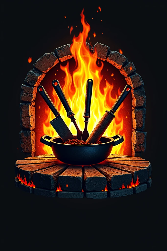 Restaurant Logo With Kitchen Utensils And Fire That Is Called The Meat 