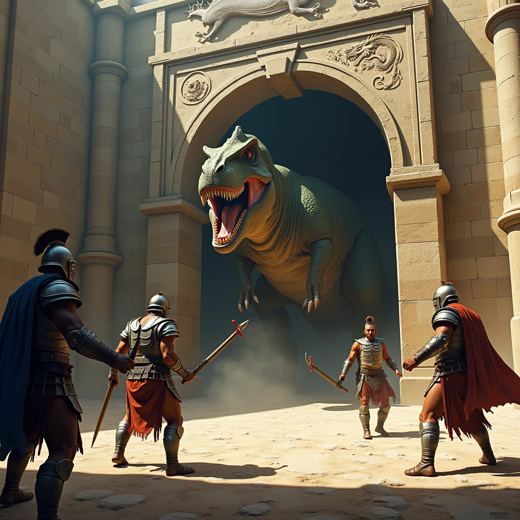 Hercules facing various mythological creatures in a coliseum! Epic scene with lots of action! Hercules dark hair and blue clothes! fancy, magie, mythological beings, epic 