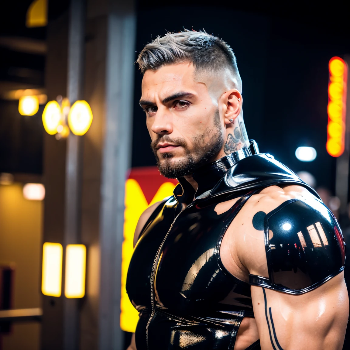 (masterpiece, intricately detailed, highest resolution, best quality:1.2), (doujin), a cocky German wwe star,a 24 y.o muscle stud with a muscular physique sitting on a chair with black eyes,dark-skinned male, wearing a ((open jacket, chav, armbands, nipple rings)), (excessive cum), (cum on body), (cum drip), flaccid penis,saggy balls,hairy chest,vascular,muscle striations,soft light,fantastic realism,