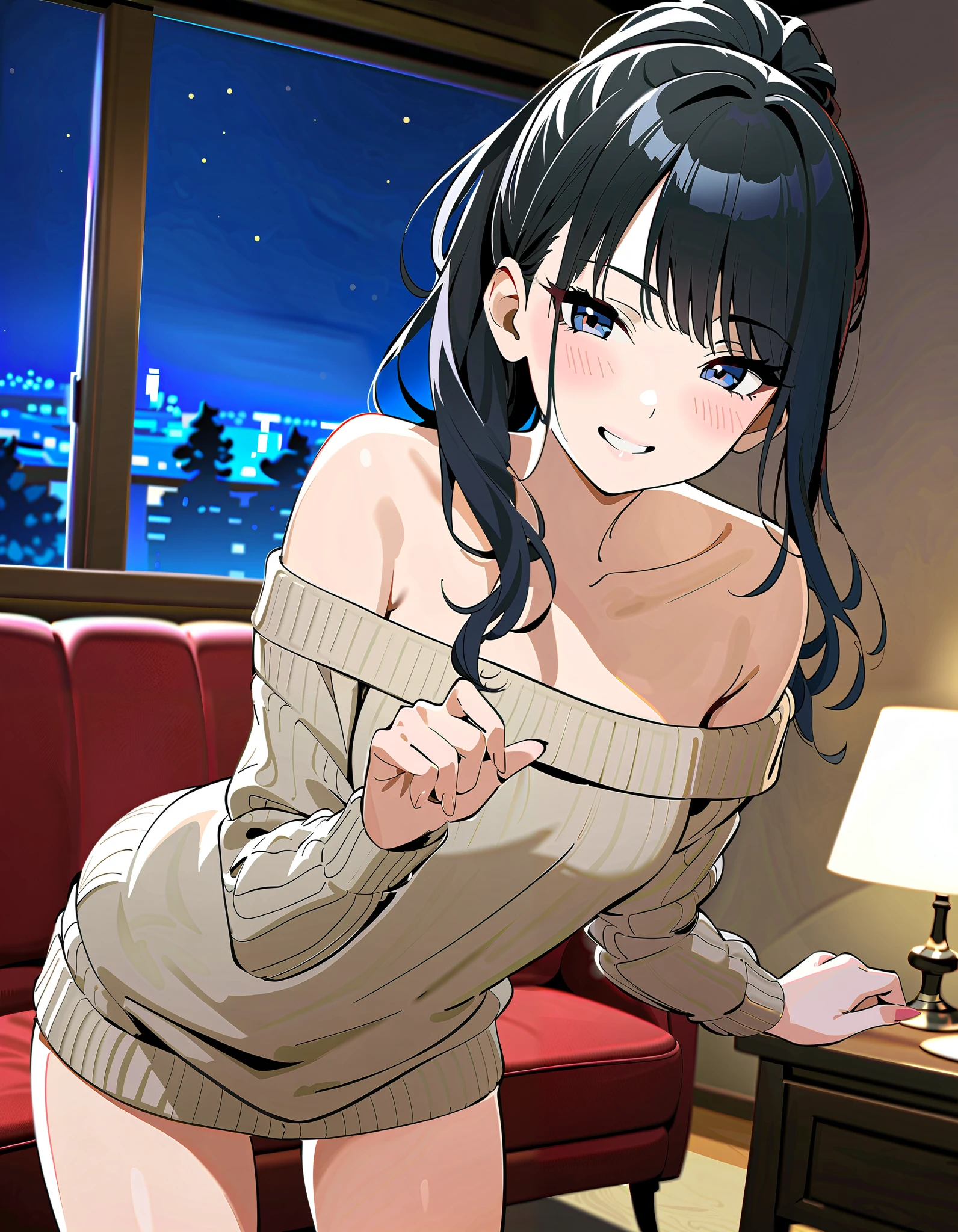 (masterpiece),( best quality),(  Very detailed),(  best shadow ),(  detailed background ),( Very Beautiful ), Official style, Hiori Kazano,  ponytail,  black hair,  dark eyes,  small breasts,  cleavage, ( red cheeks :1.2), (Happy smile:1.1), (off-shoulder sweater:1.2), ( Sexy Poses :1.3),  living room, (Boyfriend&#39;s house), (night:1.3), ( cowboy shot), nsfw