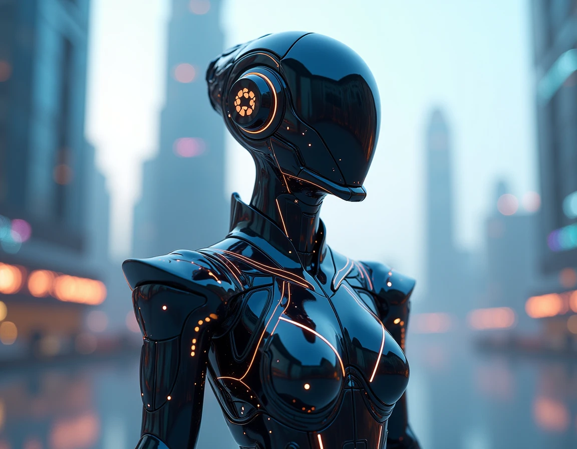 A highly detailed, realistic cyborg with a cyberpunk aesthetic. The cyborg should feature a polished chrome robotic suit, glowing futuristic eyes, and a pixelated or blurred face. It should also wear dark, cyberpunk-style glasses. The design should include intricate details, high-quality rendering, and a sleek, modern look with vibrant colors and a touch of futuristic elegance. (Extremely detailed, professional high-quality rendering, chrome robotic suit, dark cyberpunk glasses, pixelated or blurred face, and striking visual elements.)