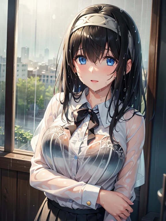  looking for something in an absurd ,(​masterpiece、top-quality、8k ), intricate detail, ultra-detailed、 cute beautiful girls、(Wet,Heavy Rain:1.5), white blouse , Black Tight Skirt、The bra is see-through,( composition from below :1.2),  upper body、 Looking into the Distance 、Outfield ,、 、 It's raining、hyper realistic,  perfect anatomy  ,fumika sagisawa,  blue eyes,  black hair,  hair between eyes,  headband ,  long hair, Hair in the eyes,