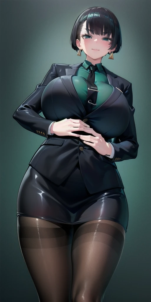 SFW, (Matte texture), (cowboy shot), 1 woman, ALLMIND, smug, naughty smile, (black hair), (short bob), earring, (green eyes), tall and slim, (sensual body), (stocky build), (gigantic breasts), (Breasts covered by clothing), (extremely thick thigh), (wide hip), (business suit, shirt, tight skirt, Pantyhose:1.5), (cyberspace background), hand on waist, masterpiece, high quality, high detail