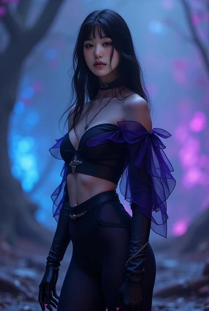 Gothic style photorealistic. 1girl, tattoo, long hair, witch hair, solo, navel, detailed eyes, jewelry, bracelet, choker, small breasts, looking at viewer, realistic, necklace, (((purple clothing))), Nappies, bare shoulders, thigh highs, mesh cape, Dark, mysterious, haunting, dramatic, ornate, detailed,