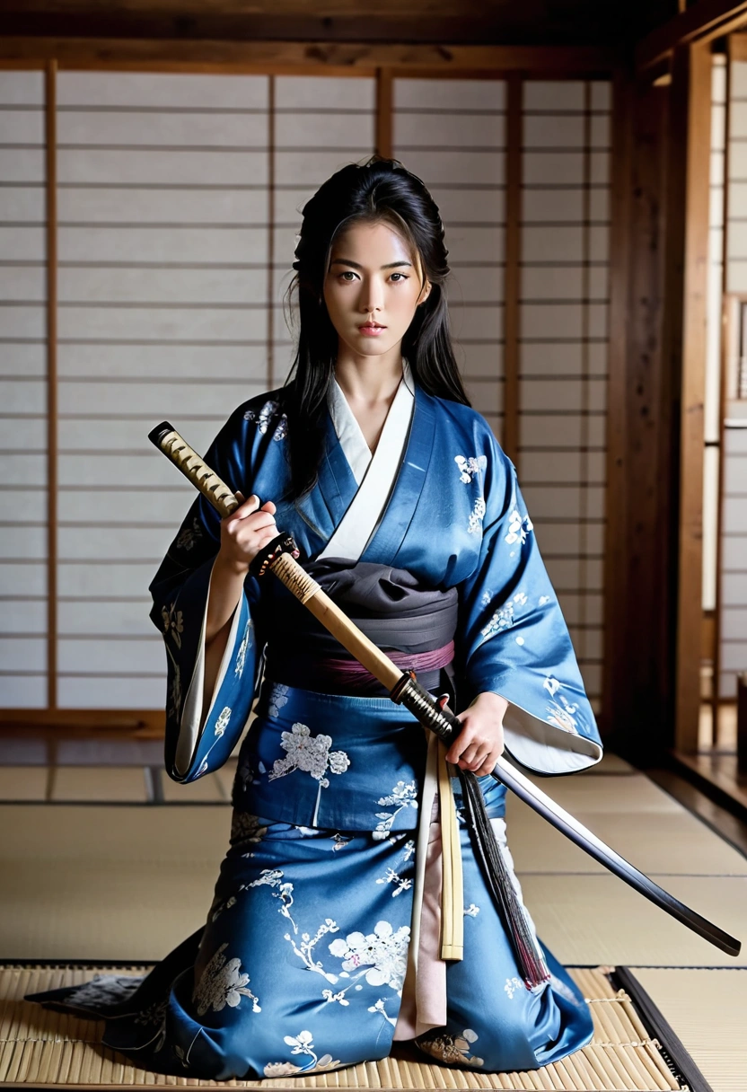 Beauty female samurai, she has long black hair, wearing kimono, armed with a katana, dojo room, detailed body shape, perfect beauty Korean face oval head, holding katana, full body, japanese background artwork, masterpiece, whole body in picture, with katana, detailed finger, cool beautiful face, detailed hand 