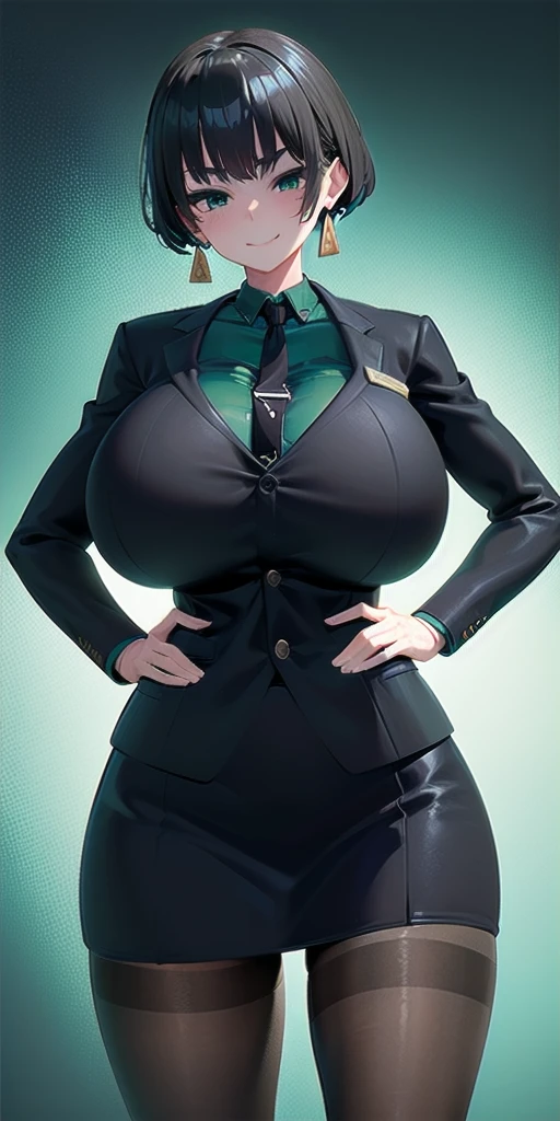 SFW, (Matte texture), (cowboy shot), 1 woman, ALLMIND, smug, naughty smile, (black hair), (short bob), earring, (green eyes), tall and slim, (sensual body), (stocky build), (gigantic breasts), (Breasts covered by clothing:1.4), (extremely thick thigh), (wide hip), (business suit, shirt, tight skirt, Pantyhose:1.2), (cyberspace background), hand on waist, masterpiece, high quality, high detail