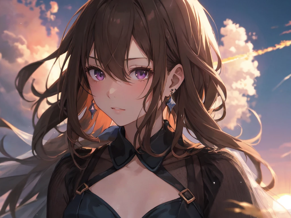 Key Visual, Alone, One Girl, (Human Ear, Earring), (Anime Face, Kissing Face), (Hair Accessory), ((Pure Black Wedding Dress)), (Sunset Sky, Sunset), Evening Sky), (Focus on Chest, Oblique Upward Angle), (High Resolution, Masterpiece, Accurate, Anatomically Correct, Multiple Award Winning, Top Quality, Detailed, High Quality Model, High Quality, Retina, Highly Detailed), Textured Skin, Ultra High Resolution)