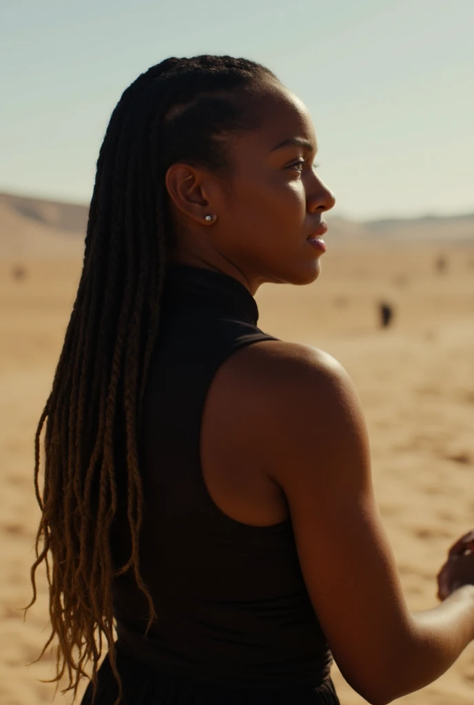 A close up torso half body view portrait of young african athletic female  wearing a sleeveless tight black dress giving a speech standing outside in the extremely sunny desert, she has long French braids

Very sweaty, very dehydrated, Sweaty, FLUX_Polyhedron_all_Kohya_ss-000001, Skinblemish, PerfectEyes, Detailedskin