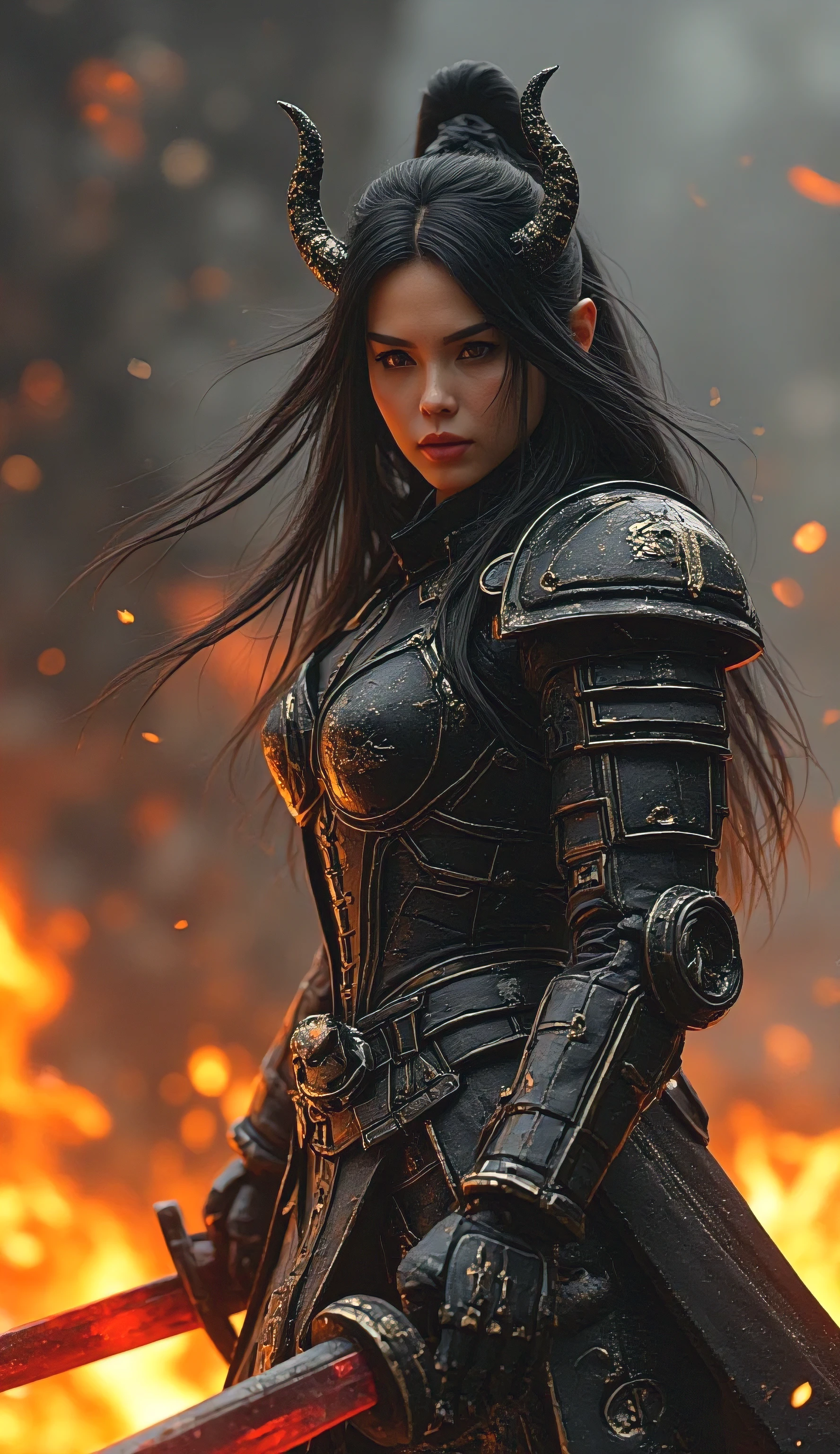 Realistic Asian women with black scary armor, Holding fire Sword,human face,long hair, perfectly detailed on dragon armors,Super detail face,high details on face,realistic face, character highly detailed, character sheets, Detailed, sharp focus, Super detailed full body, 32k resolution, Only a reality graphic,epic background,epic pose,horror,high resolution,Resonance,fire and ash background