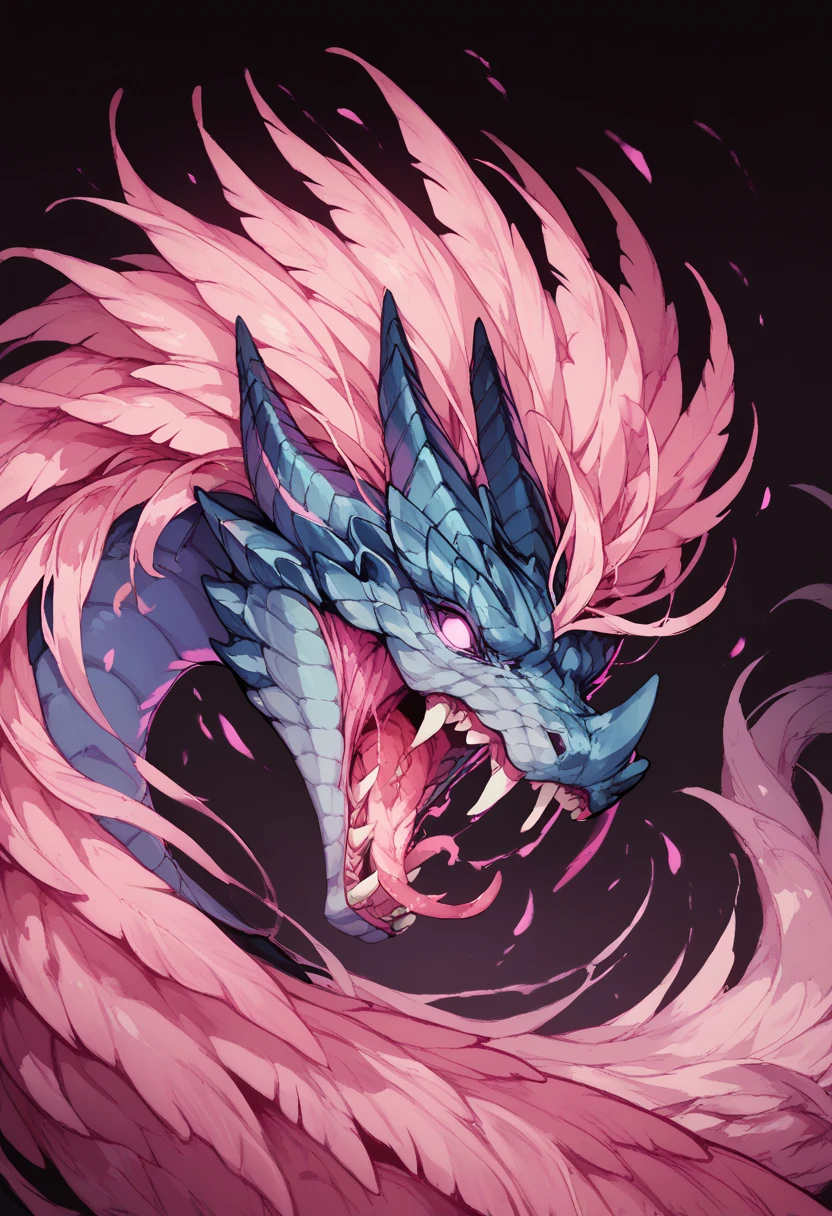 gigantic light blue snake-like monster, black empty eyes, a pink lower jaw, a pink ribbon on her chest, large light blue wings with purple and pink feathers, and hands with purple scales, feral, in the city, arm's with sharp claws, full body, screaming, pink glow from mouth