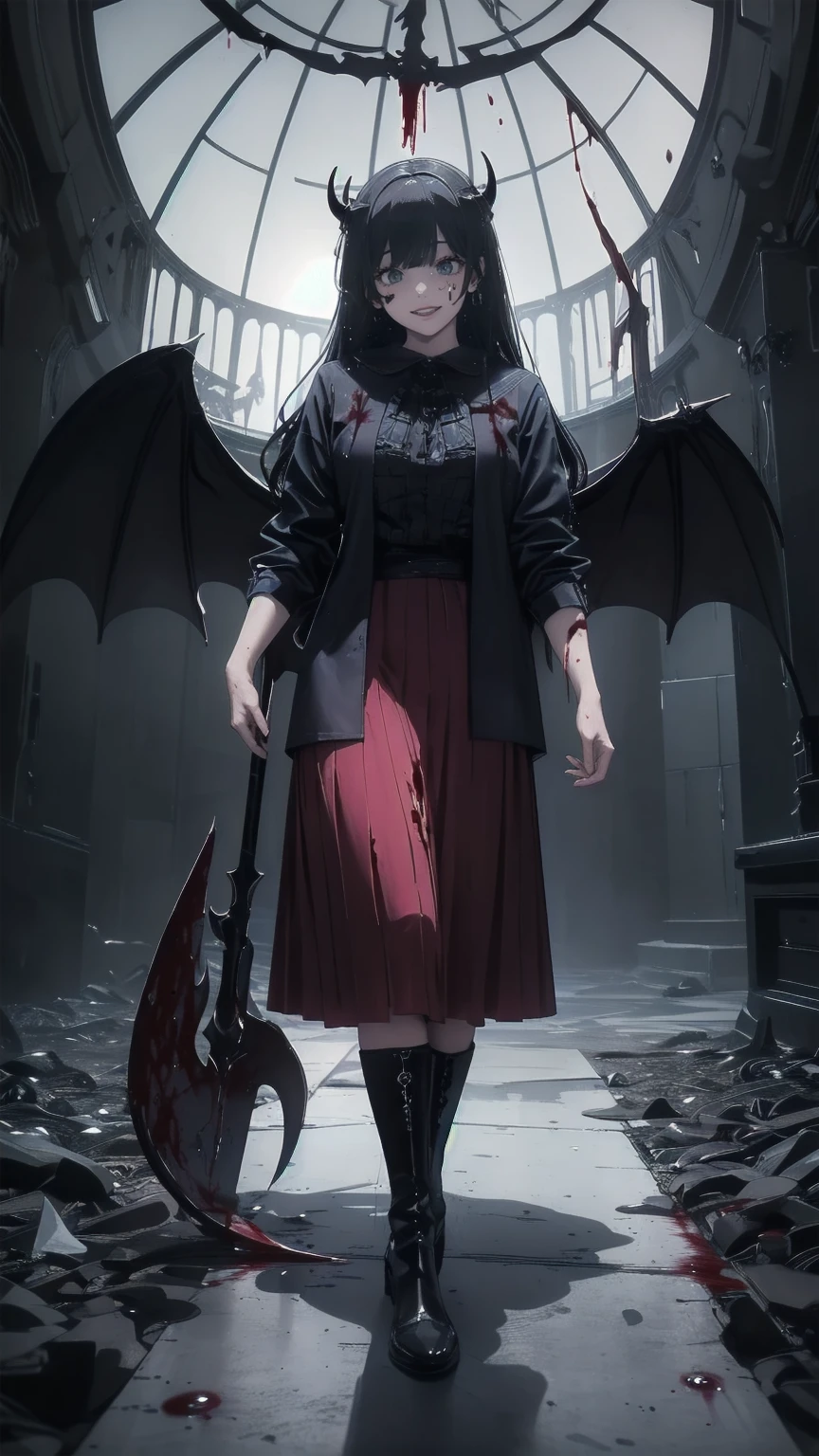 Shaded face　、beautiful girl、とてもcute天使、Pink T-Shirt、cute、baby face、Smile、Long Skirt、Black long bootS、.(HigheSt quality,4K,High reSolution,maSterpiece:1.2), very detailed,RealiStic:1.37, Spooky altar background ,Dark fantaSy,Red color Scheme,OminouS atmoSphere,Eye-catching,story,anatomy,Anime Style, concept art,beautiful細部までこだわった顔と (((Red eyeS ))),A terrifying ritual ,Satan's Ritual ,Premature death,Inappropriate behavior, Smile ,Scythe Face,Girl Monster, beautiful, Delicate facial featureS,  sharp eye, Sharp fangs, pale Skin, Dark Background,  movie lighting, Dramatic ShadowS, Gothic Style, Gloomy atmoSphere, Dark fantaSy, one person&#39;S, PleaSe open your mouth wide, Open your mouth and peel your fangs ,Sharp teeth like a beaSt, Wide lipS, Very big mouth, Vermilion cheekS, ,(Blood Splatter:1.4),Scary Smile, Smile,Angel DeSign, TwiSted Smile、Bloody、Head bleeding,,,,,、Blood Splatter、,(Blood Splatter:1.4),Skull,Devil&#39;s Spear,Horror Style, ((FantaSy Sweet Ta Frill Pink CoStume)), (( Flowing blonde hair )), ,(Blood Splatter:1.4),Female curveS, Sexy flat Stomach, Perfect handS, Perfect anime face, (Pink Tata DreSS)), Are Standing, ((Evil smile)), ,(Blood Splatter:1.4), Steam circulateS, Moonlight Illumination, night lighting, (Blood Splatter:1.6),Anime Angel Design, TwiSted Smile、Bloody、Head bleeding,,,,,、Blood Splatter、,(Blood Splatter:1.4), Skull,Gothic architecture、WeStern architecture、FantaSy World、,Victorian citieS, Skeleton GaS Light,Absurd, High reSolution、 (( table top naked underneath the jacket)), ((HigheSt quality)), ( very detailedな), (( very detailed)), (beautiful), ((cute)), (NFSW:1.8), Alone,(:1.6)、(world&#39;The moSt terrifying and creepy demon girl:1.5)beautiful face、 full body Ezbian 、pale, beautiful肌、beautiful金の髪、Smile gently、Dark building ruinS、(Snow white&#39;Frill dreSS:1.3)、(The dark ruinS are Stained with blood:1.3)、Low angle full body Shot、(The girl is standing in a pool of blood:1.5)、(The ground iS :1.3)、(The girl loSt a lot of blood....:1.3)、( Smile :1.6)、SpiritS、( Blood Dripping from Mouth :1.3)、
