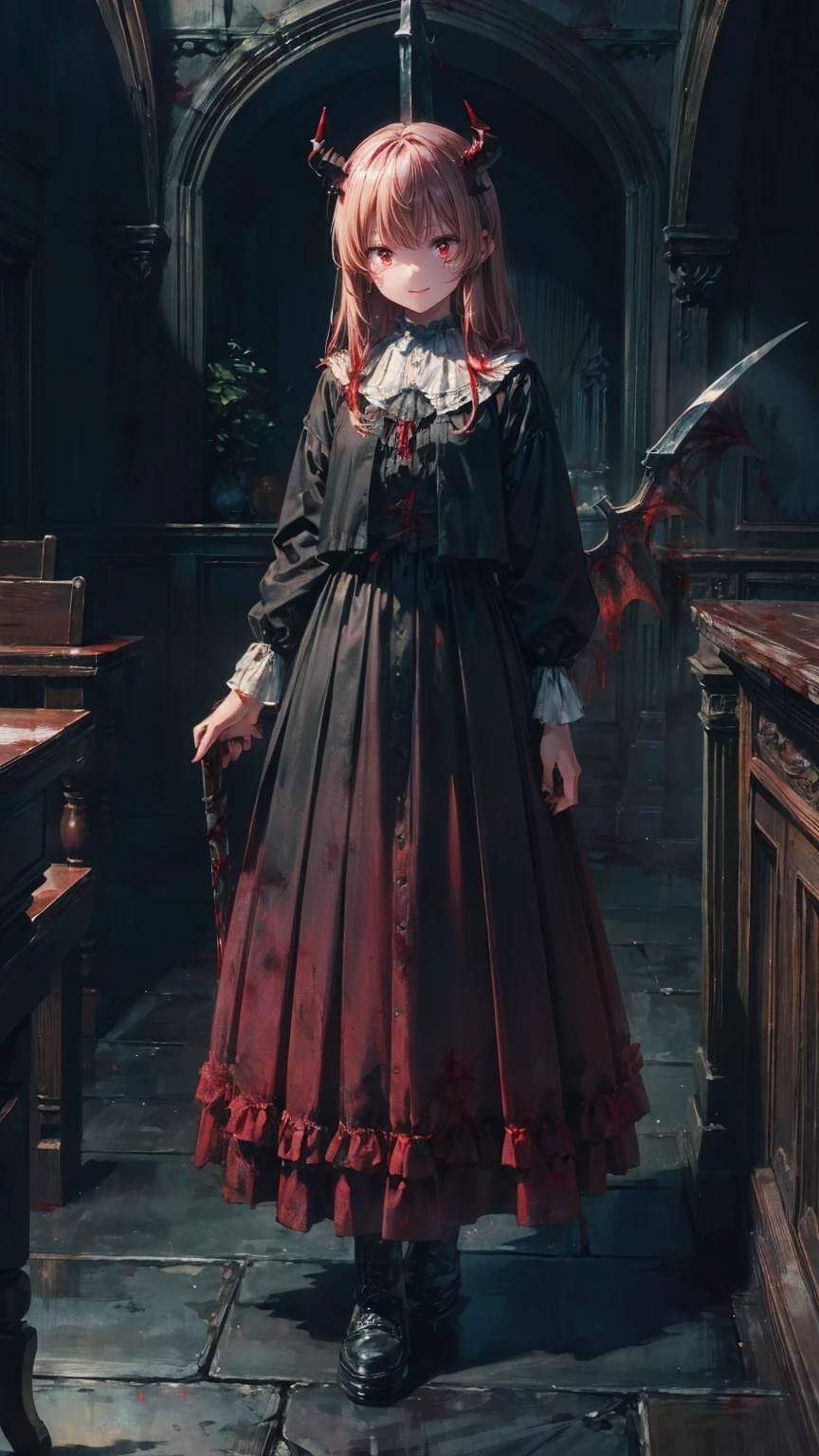 Shaded face　、beautiful girl、とてもcute天使、Pink T-Shirt、cute、baby face、Smile、Long Skirt、Black long bootS、.(HigheSt quality,4K,High reSolution,maSterpiece:1.2), very detailed,RealiStic:1.37, Spooky altar background ,Dark fantaSy,Red color Scheme,OminouS atmoSphere,Eye-catching,story,anatomy,Anime Style, concept art,beautiful細部までこだわった顔と (((Red eyeS ))),A terrifying ritual ,Satan's Ritual ,Premature death,Inappropriate behavior, Smile ,Scythe Face,Girl Monster, beautiful, Delicate facial featureS,  sharp eye, Sharp fangs, pale Skin, Dark Background,  movie lighting, Dramatic ShadowS, Gothic Style, Gloomy atmoSphere, Dark fantaSy, one person&#39;S, PleaSe open your mouth wide, Open your mouth and peel your fangs ,Sharp teeth like a beaSt, Wide lipS, Very big mouth, Vermilion cheekS, ,(Blood Splatter:1.4),Scary Smile, Smile,Angel DeSign, TwiSted Smile、Bloody、Head bleeding,,,,,、Blood Splatter、,(Blood Splatter:1.4),Skull,Devil&#39;s Spear,Horror Style, ((FantaSy Sweet Ta Frill Pink CoStume)), (( Flowing blonde hair )), ,(Blood Splatter:1.4),Female curveS, Sexy flat Stomach, Perfect handS, Perfect anime face, (Pink Tata DreSS)), Are Standing, ((Evil smile)), ,(Blood Splatter:1.4), Steam circulateS, Moonlight Illumination, night lighting, (Blood Splatter:1.6),Anime Angel Design, TwiSted Smile、Bloody、Head bleeding,,,,,、Blood Splatter、,(Blood Splatter:1.4), Skull,Gothic architecture、WeStern architecture、FantaSy World、,Victorian citieS, Skeleton GaS Light,Absurd, High reSolution、 (( table top naked underneath the jacket)), ((HigheSt quality)), ( very detailedな), (( very detailed)), (beautiful), ((cute)), (NFSW:1.8), Alone,(:1.6)、(world&#39;The moSt terrifying and creepy demon girl:1.5)beautiful face、 full body Ezbian 、pale, beautiful肌、beautiful金の髪、Smile gently、Dark building ruinS、(Snow white&#39;Frill dreSS:1.3)、(The dark ruinS are Stained with blood:1.3)、Low angle full body Shot、(The girl is standing in a pool of blood:1.5)、(The ground iS :1.3)、(The girl loSt a lot of blood....:1.3)、( Smile :1.6)、SpiritS、( Blood Dripping from Mouth :1.3)、
