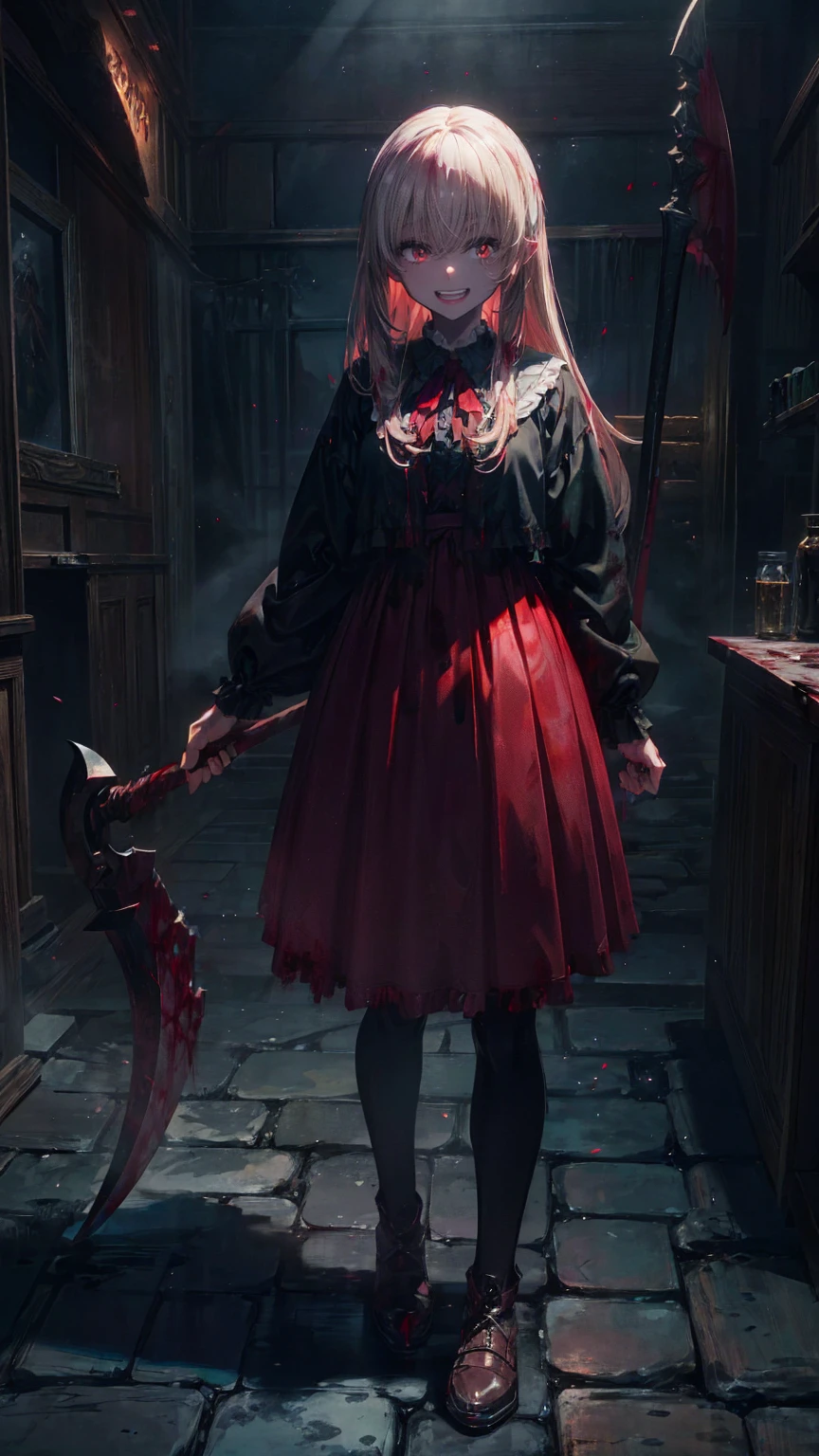 Shaded face　、beautiful girl、とてもcute天使、Pink T-Shirt、cute、baby face、Smile、Long Skirt、Black long bootS、.(HigheSt quality,4K,High reSolution,maSterpiece:1.2), very detailed,RealiStic:1.37, Spooky altar background ,Dark fantaSy,Red color Scheme,OminouS atmoSphere,Eye-catching,story,anatomy,Anime Style, concept art,beautiful細部までこだわった顔と (((Red eyeS ))),A terrifying ritual ,Satan's Ritual ,Premature death,Inappropriate behavior, Smile ,Scythe Face,Girl Monster, beautiful, Delicate facial featureS,  sharp eye, Sharp fangs, pale Skin, Dark Background,  movie lighting, Dramatic ShadowS, Gothic Style, Gloomy atmoSphere, Dark fantaSy, one person&#39;S, PleaSe open your mouth wide, Open your mouth and peel your fangs ,Sharp teeth like a beaSt, Wide lipS, Very big mouth, Vermilion cheekS, ,(Blood Splatter:1.4),Scary Smile, Smile,Angel DeSign, TwiSted Smile、Bloody、Head bleeding,,,,,、Blood Splatter、,(Blood Splatter:1.4),Skull,Devil&#39;s Spear,Horror Style, ((FantaSy Sweet Ta Frill Pink CoStume)), (( Flowing blonde hair )), ,(Blood Splatter:1.4),Female curveS, Sexy flat Stomach, Perfect handS, Perfect anime face, (Pink Tata DreSS)), Are Standing, ((Evil smile)), ,(Blood Splatter:1.4), Steam circulateS, Moonlight Illumination, night lighting, (Blood Splatter:1.6),Anime Angel Design, TwiSted Smile、Bloody、Head bleeding,,,,,、Blood Splatter、,(Blood Splatter:1.4), Skull,Gothic architecture、WeStern architecture、FantaSy World、,Victorian citieS, Skeleton GaS Light,Absurd, High reSolution、 (( table top naked underneath the jacket)), ((HigheSt quality)), ( very detailedな), (( very detailed)), (beautiful), ((cute)), (NFSW:1.8), Alone,(:1.6)、(world&#39;The moSt terrifying and creepy demon girl:1.5)beautiful face、 full body Ezbian 、pale, beautiful肌、beautiful金の髪、Smile gently、Dark building ruinS、(Snow white&#39;Frill dreSS:1.3)、(The dark ruinS are Stained with blood:1.3)、Low angle full body Shot、(The girl is standing in a pool of blood:1.5)、(The ground iS :1.3)、(The girl loSt a lot of blood....:1.3)、( Smile :1.6)、SpiritS、( Blood Dripping from Mouth :1.3)、
