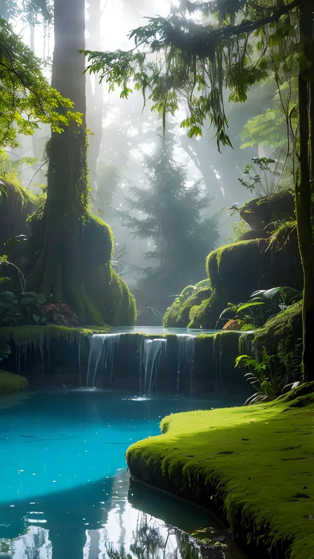 A beautiful yet eerie scene featuring a small, crystal-clear pool of water in the middle of a dense, mystical forest. The pool reflects the surrounding tall trees and lush greenery, but the atmosphere is unsettling. The water is so clear that you can see the smooth pebbles and small aquatic plants at the bottom, yet the reflections seem slightly distorted. Ferns and moss grow around the edges of the pool, but there are also dark, twisted roots and shadowy figures lurking in the background. The soft rays of sunlight filtering through the canopy cast long, haunting shadows. Tiny, delicate flowers bloom nearby, but their colors are muted and ghostly. Gentle ripples on the water's surface create a sense of unease and otherworldly presence. --ar 9:16
