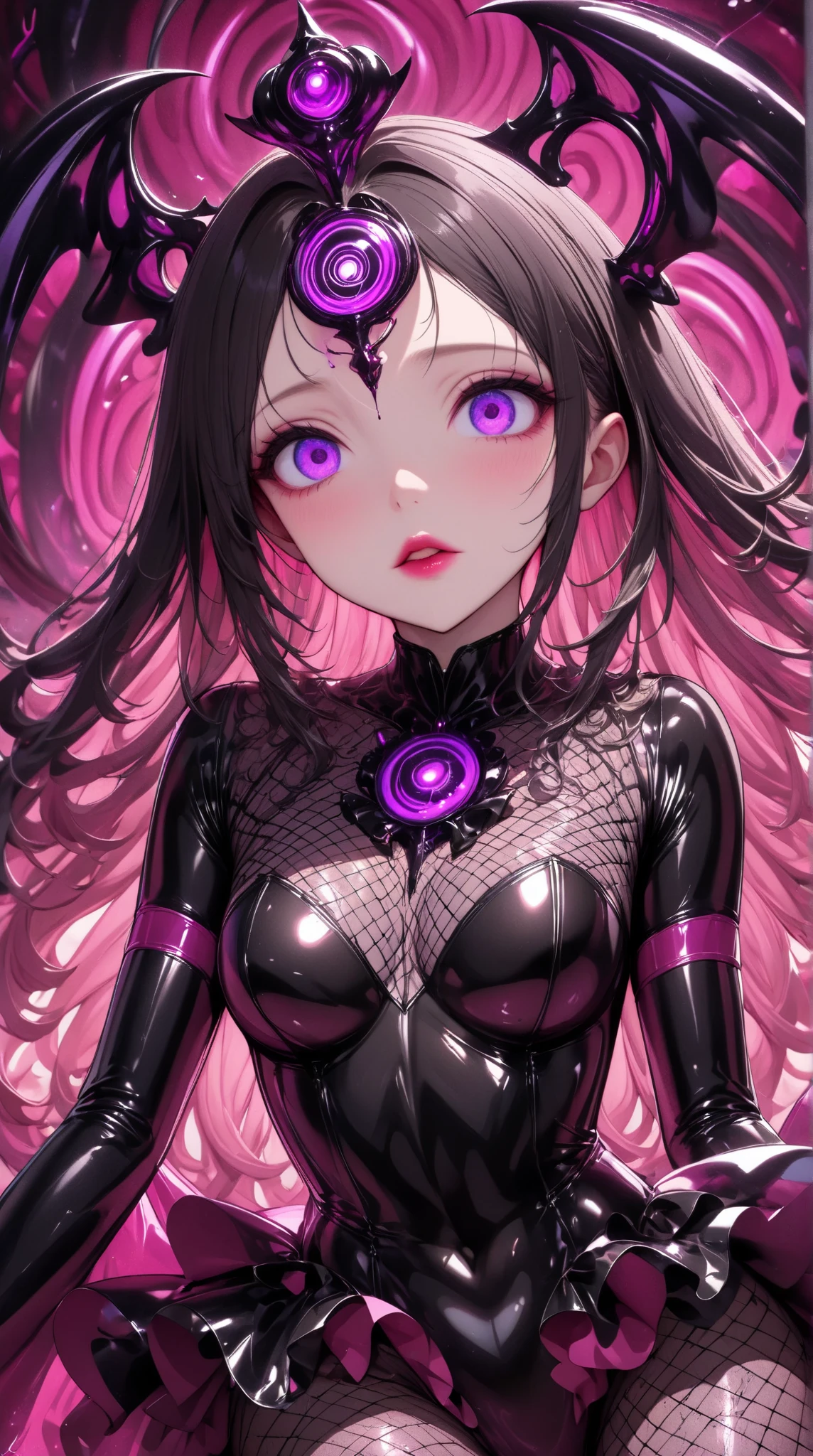  Young Beautiful Woman,( best quality, very detailed depiction, incredible high resolution,High quality anime drawings),(Magical girl costume based on black and pink, latex bodysuit ,Body net suit, black tights, thigh-high boots),(Swirling eyes,Purple Eyes, Hollow Eyes, mind control :1.3,hypnotism,Glossy lips, glamorous body, slender,stoic,Empty look,Fall,Fallen into evil,Being manipulated,Beautiful legs,), cowboy shot