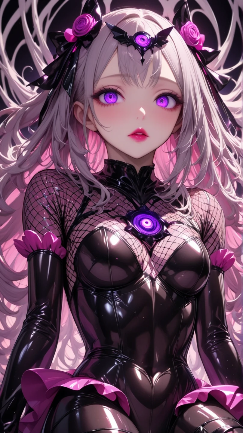  Young Beautiful Woman,( best quality, very detailed depiction, incredible high resolution,High quality anime drawings),(Magical girl costume based on black and pink, latex bodysuit ,Body net suit, black tights, thigh-high boots),(Swirling eyes,Purple Eyes, Hollow Eyes, mind control :1.3,hypnotism,Glossy lips, glamorous body, slender,stoic,Empty look,Fall,Fallen into evil,Being manipulated,Beautiful legs,), cowboy shot