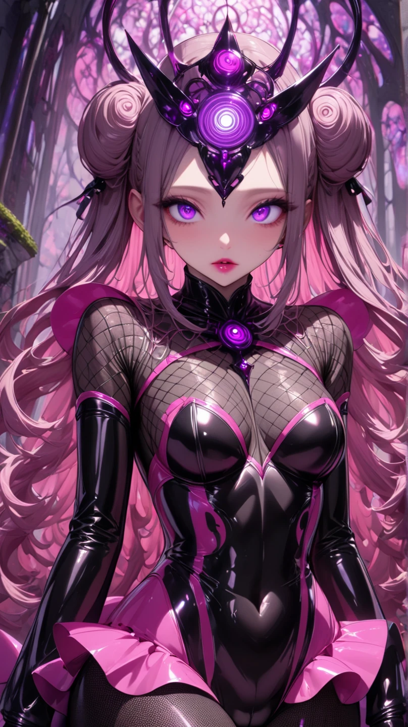  Young Beautiful Woman,( best quality, very detailed depiction, incredible high resolution,High quality anime drawings),(Magical girl costume based on black and pink, latex bodysuit ,Body net suit, black tights, thigh-high boots),(Swirling eyes,Purple Eyes, Hollow Eyes, mind control :1.3,hypnotism,Glossy lips, glamorous body, slender,stoic,Empty look,Fall,Fallen into evil,Being manipulated,Beautiful legs,), cowboy shot