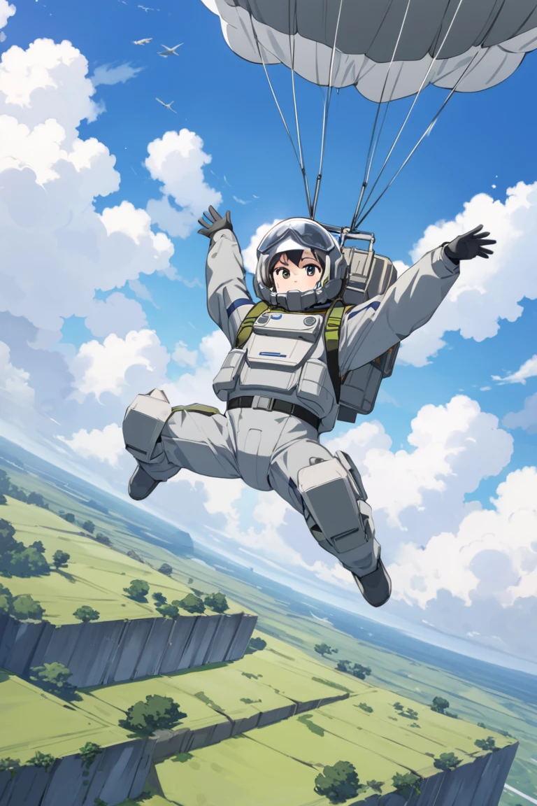 anime, trandoshan pilot in grey pilot suit, parachuting 