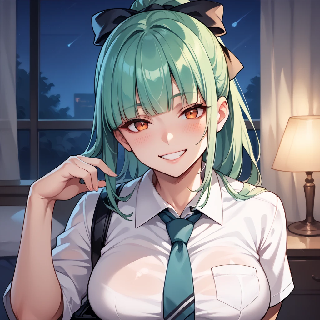 score_9, score_8_up, score_7_up, score_6_up, source_anime, BREAK masterpiece,Morrinurse,emerald hair, ((ponytail)),hair ribbon,blunt bangs,school costume,white shirts,navy tie,large breasts,evil smile,blush,at bedroom,night,looking at viewer,,face focus,holding hands
