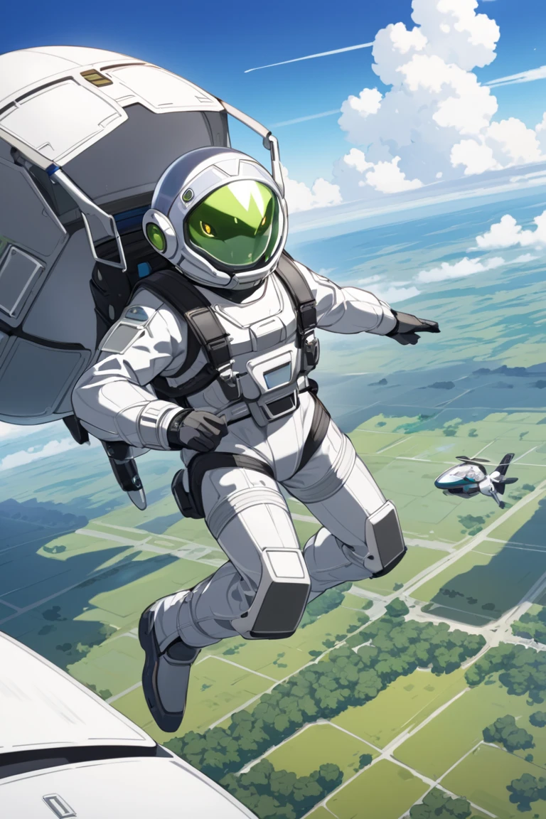 anime, trandoshan alien in grey pilot suit, parachuting 