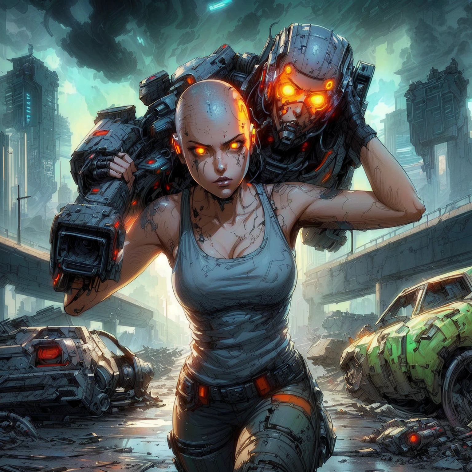 bald woman carrying a robot in a dystopian city, advanced digital cyberpunk art, shadowrun splash art, digital cyberpunk anime art, cyberpunk angry gorgeous goddess, cyberpunk dark fantasy art, epic sci - fi character art, epic sci-fi character art, mechanized soldier girl, cyberpunk anime girl mech, cyberpunk art style, riot in a cyberpunk city