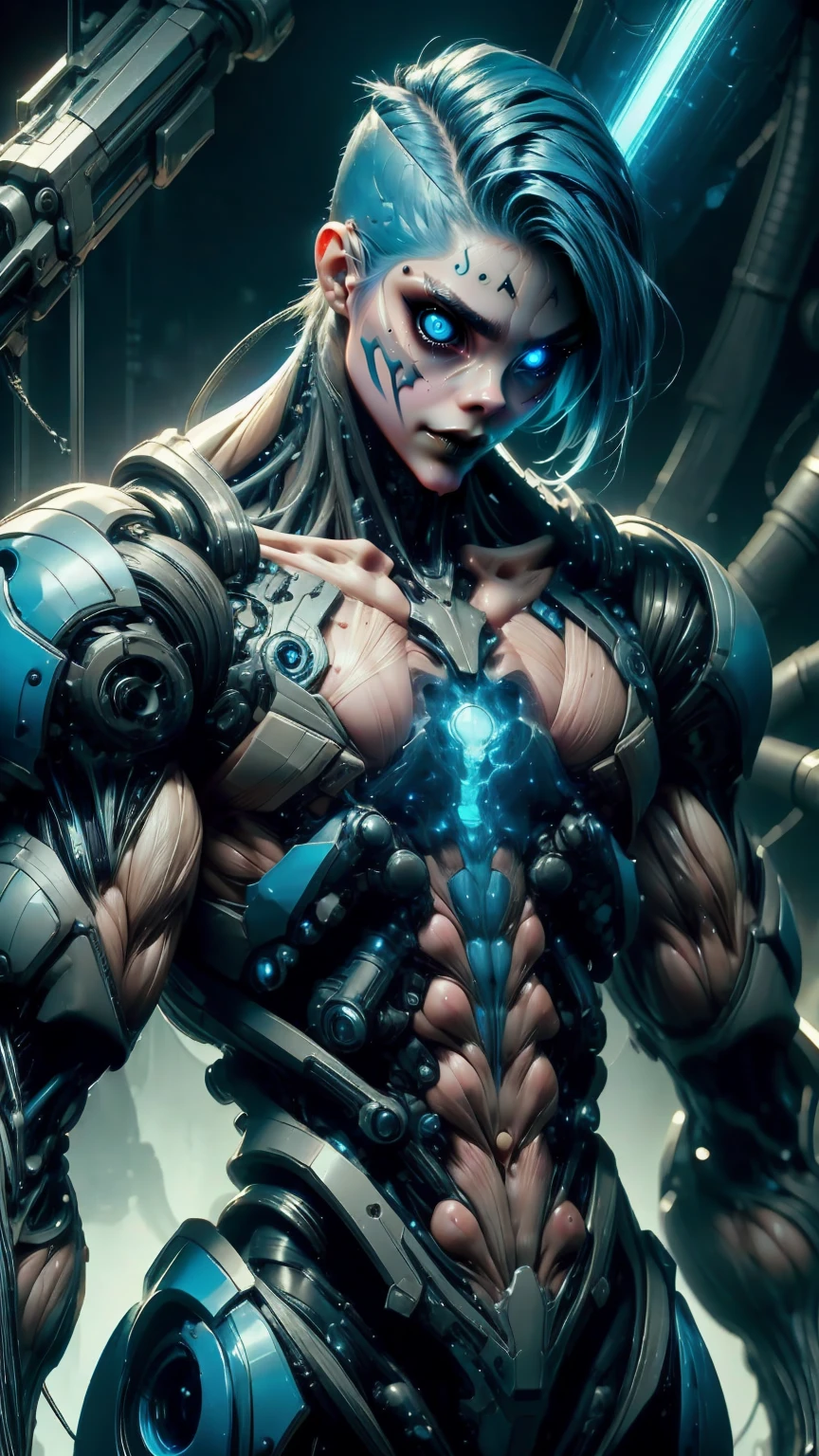 (1 girl), (Cara delevingne:1.25), beautiful teenage muscular goth cyborg androgyn, (black sclera:1.25), (blue glowing eyes:1.25), (blue glowing body veins:1.25),(((muscular bodybuilder physique:1.45))), ((((extreme muscular hypertrophy:1.25)))), (flat muscular pecs:1.25), (full Cybernetic Exosuit armor:1.5), (skinny thin legs:0.75), (long blue glowing hair:1.5),(beautiful face:1.25), bimbo lips, plasttech, synthetic, gothic neon style, cyber punk style, Portrait shot