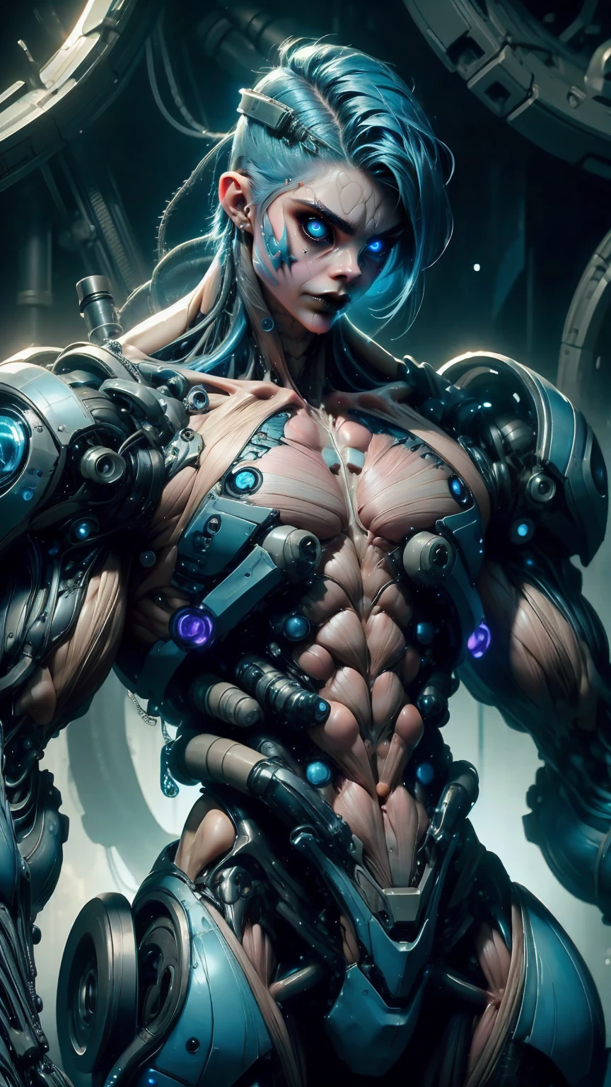 (1 girl), (Cara delevingne:1.25), beautiful teenage muscular goth cyborg androgyn, (black sclera:1.25), (blue glowing eyes:1.25), (blue glowing body veins:1.25),(((muscular bodybuilder physique:1.45))), ((((extreme muscular hypertrophy:1.25)))), (flat muscular pecs:1.25), (full Cybernetic Exosuit armor:1.5), (skinny thin legs:0.75), (long blue glowing hair:1.5),(beautiful face:1.25), bimbo lips, plasttech, synthetic, gothic neon style, cyber punk style, Portrait shot