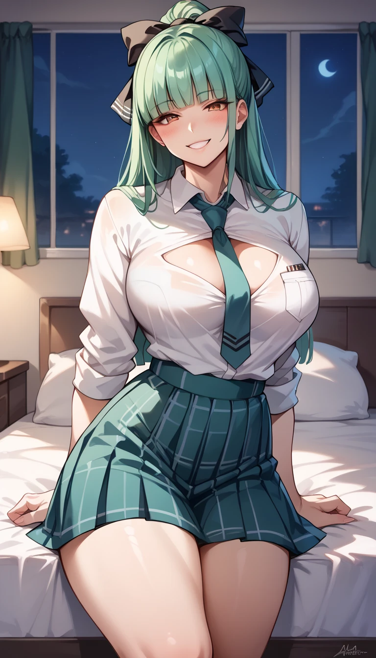 score_9, score_8_up, score_7_up, score_6_up, source_anime, BREAK masterpiece,Morrinurse,tall,emerald hair, ((ponytail)),fat thighs,hair ribbon,blunt bangs,school costume,white shirts,checked skirt,navy tie,large breasts,evil smile,blush,at bedroom,night,looking at viewer
