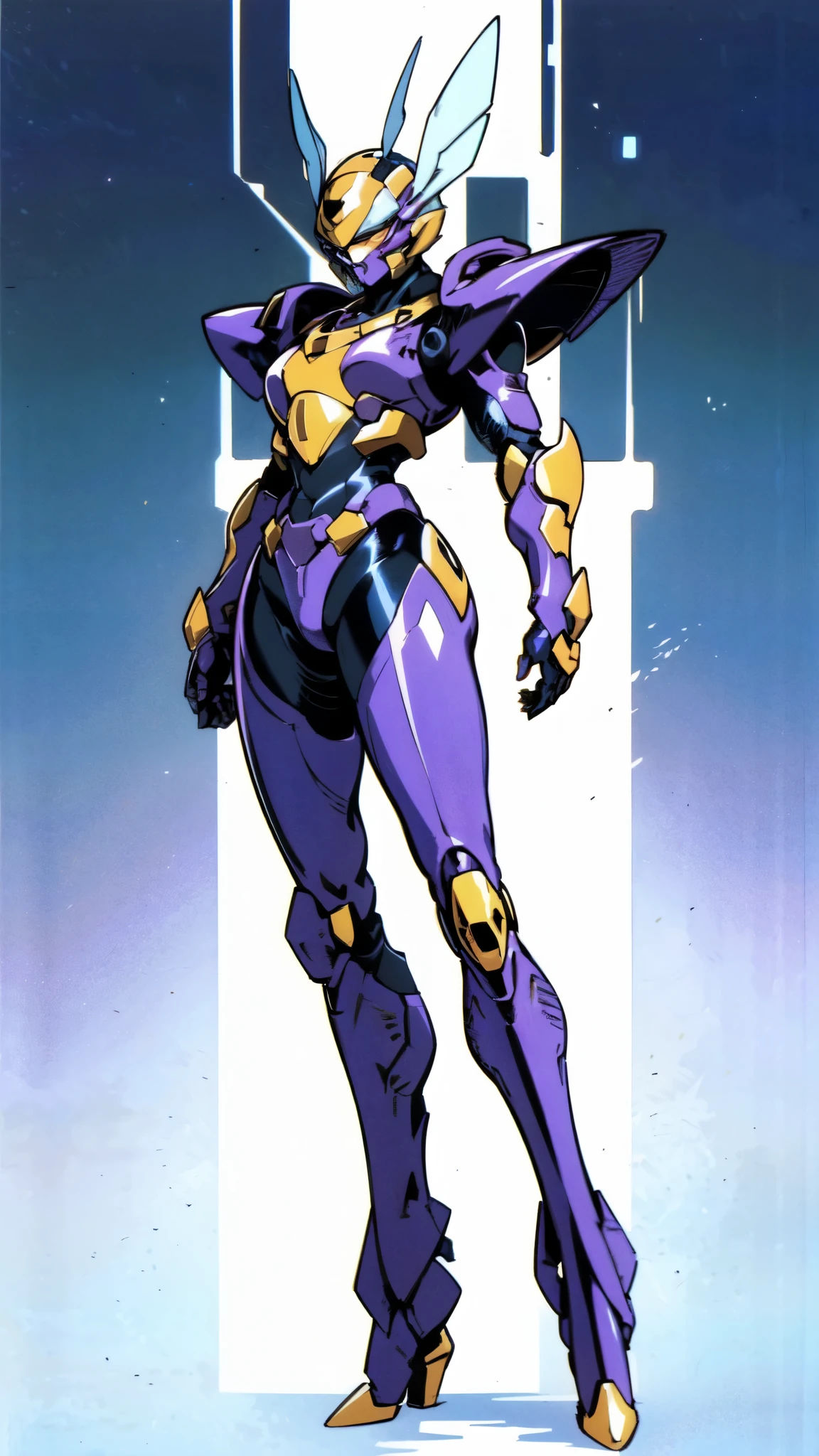 (masterpiece:1.5, best quality:1.5, extremely delicate:1.5), a woman wearing a full-face helmet, high-tech biomimetic armored combat suit, (a composite layered chest armor), the design balances heavy with agility, fully enclosed shoulder guards, matching arm and leg guards, a belt of gemstone, (the color scheme is primarily Purple with Blue and Yellow accents, Organic Biotech, Concept Inspired by queen bee, glowing eyes, armor glows), stand of a futuristic sci-fi city, this character embodies a finely crafted fantasy-style armored hero in anime style, exquisite and mature art style, metallic, high definition, highres, ultra-detailed, ultra-fine painting, professional, perfect body proportions, golden ratio, anatomically correct, symmetrical face, extremely detailed eyes and face, high quality eyes, creativity, RAW photo, UHD, 32k, Natural light, cinematic lighting, (masterpiece-anatomy-perfect:1.2)