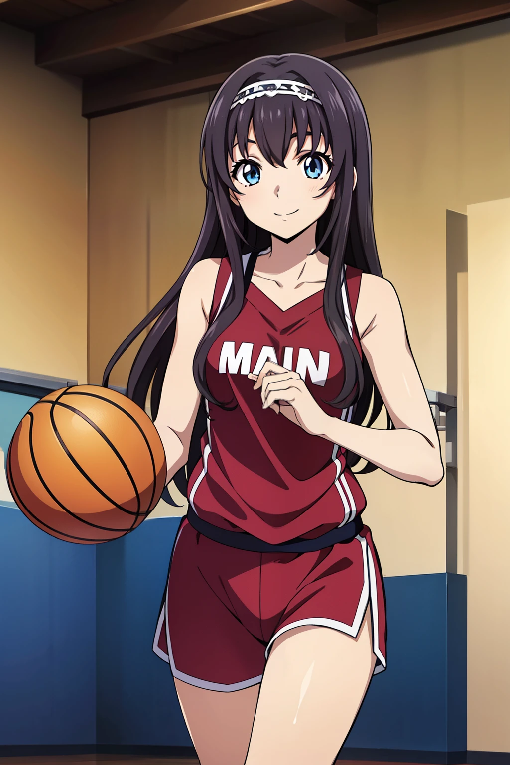 1 girl, cute, black hair, ((髪band)), masterpiece, ((dynamic posing in the high school gym.)), (smile), (Running and dribbling a basketball), (black basketball team uniform), (anime cels style, Masterpiece, best quality, high resolution, anime colored, megami magazine:1.2, anime poster style, anime keyvisual, sharp, 8k, photorealistic), beautiful blue eyes 