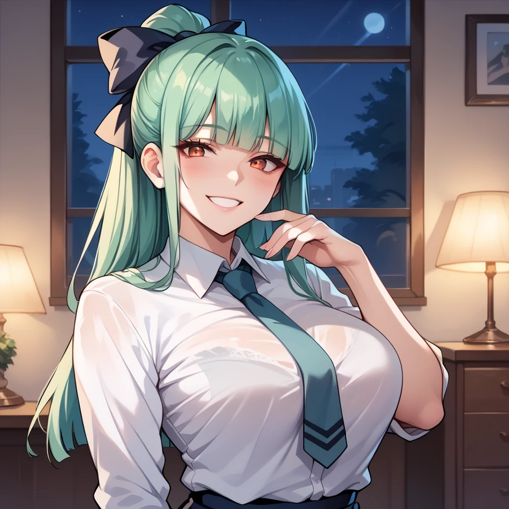 score_9, score_8_up, score_7_up, score_6_up, source_anime, BREAK masterpiece,Morrinurse,emerald hair, ((ponytail)),hair ribbon,blunt bangs,school costume,white shirts,navy tie,large breasts,evil smile,blush,at bedroom,night,looking at viewer,,face focus,holding hands
