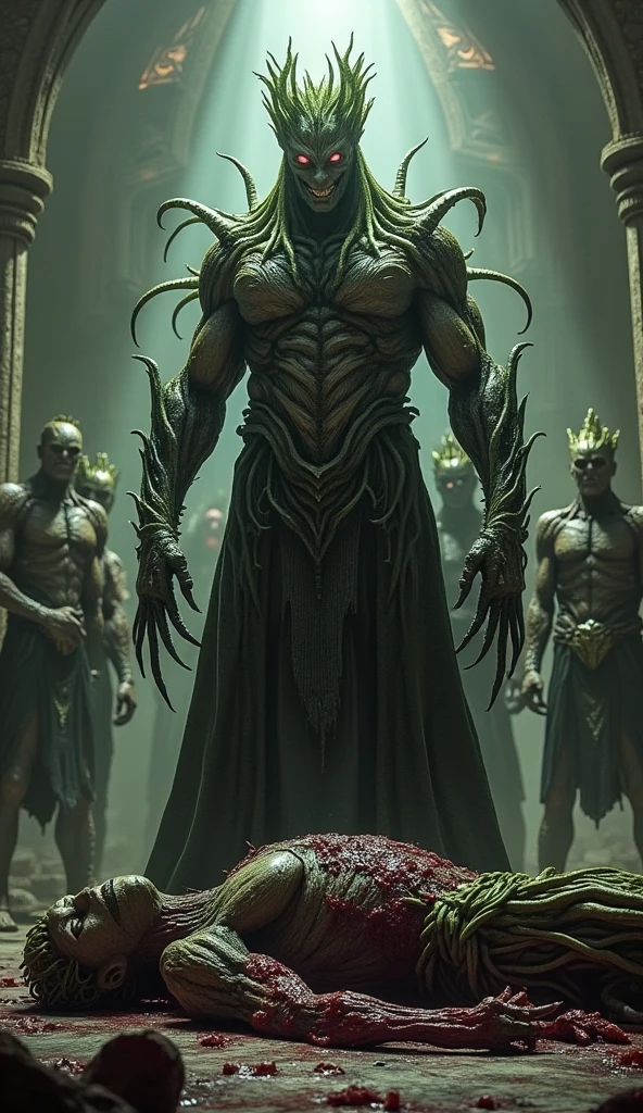 dark fantasy. Cthulhu-like man. Her accessories include a shiny crown and a shiny gold plasma body cover.. eyes shining, lens flares, fisheye lenses, perfect composition, beautiful, detailed, intricate, increíblemente detailed, octane rendering, trend on Artstation, 8k art photography, Photorealistic concept art, Soft natural volumetric cinematic perfect light., chiaroscuro, award-winning photography.