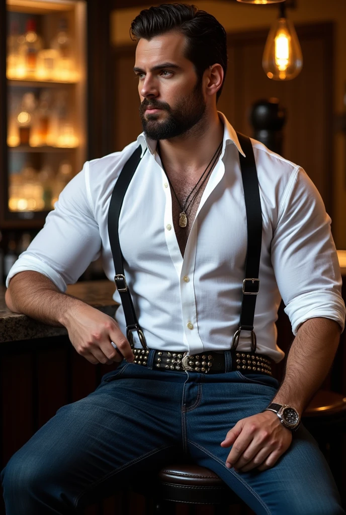 h3nr4, handsome white and black shirt, bearded and muscular man, very handsome and manly, intricate, elegant, Sharp focus,  soft lighting, masterpiece, in an minimalistic bar, bien iluminado, sexy Whole body, blue jeans con estoperoles ,big bulge  , elegant sexy hot, thick belt with studs, strong and muscular legs,  big lump male hands , very handsome , perfect hands Striped shirt sitting , flexing one arm ,