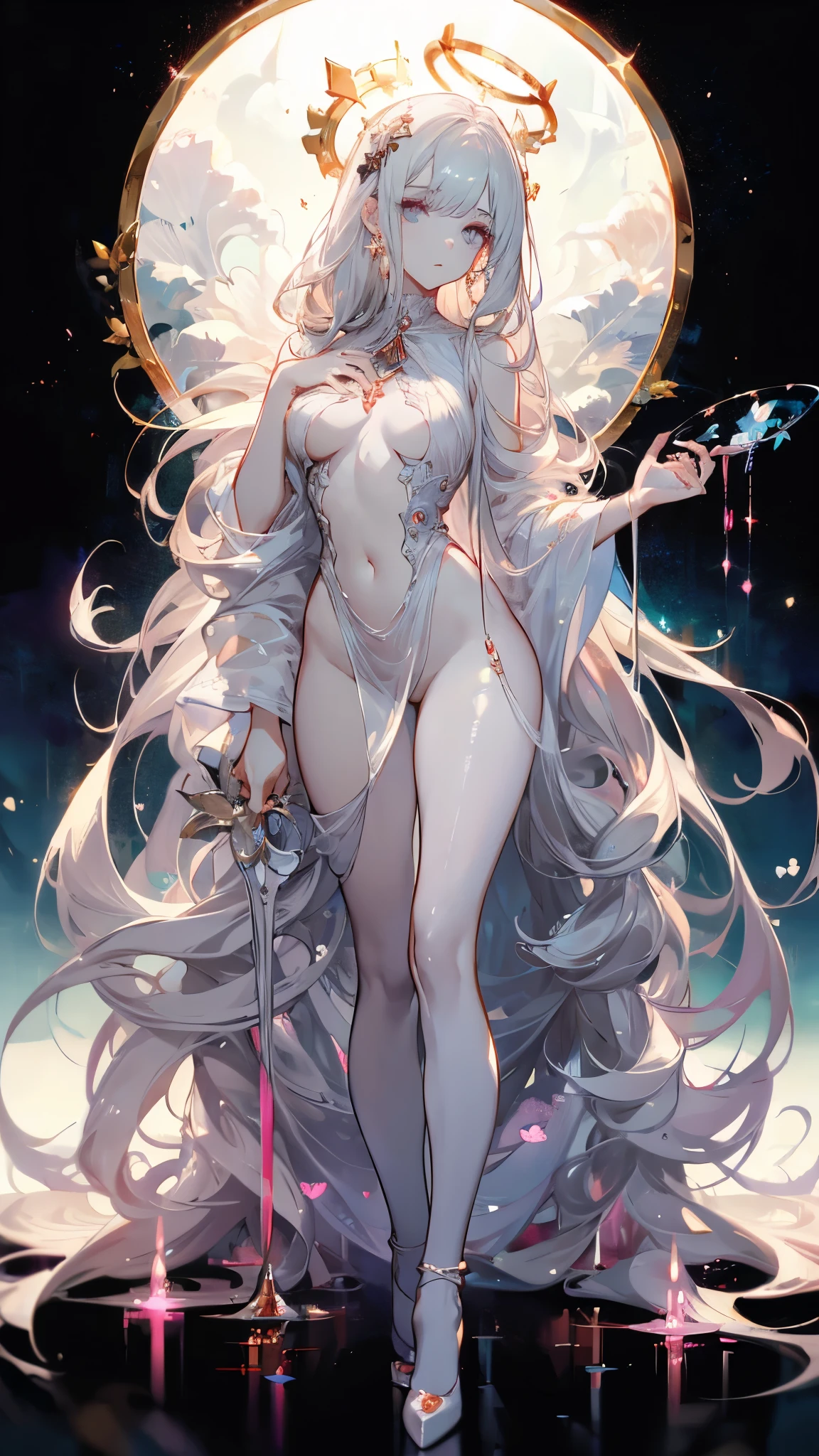  pure white background，masterpiece,  top quality ,  Detailed Facial  , whole body，Standing picture，Beautiful Angel，Smoky Eyes，transparent，  high quartz quallity {x} sparkling eyes ，fantasy style，Halo，blood，Heart，Four Leaf Clover，sexy，nude