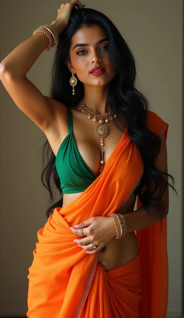 Indian lady with hands up in the air in traditional sleeveless blouse saree showing slim armpits in sexy pose with thighs visible explicitly