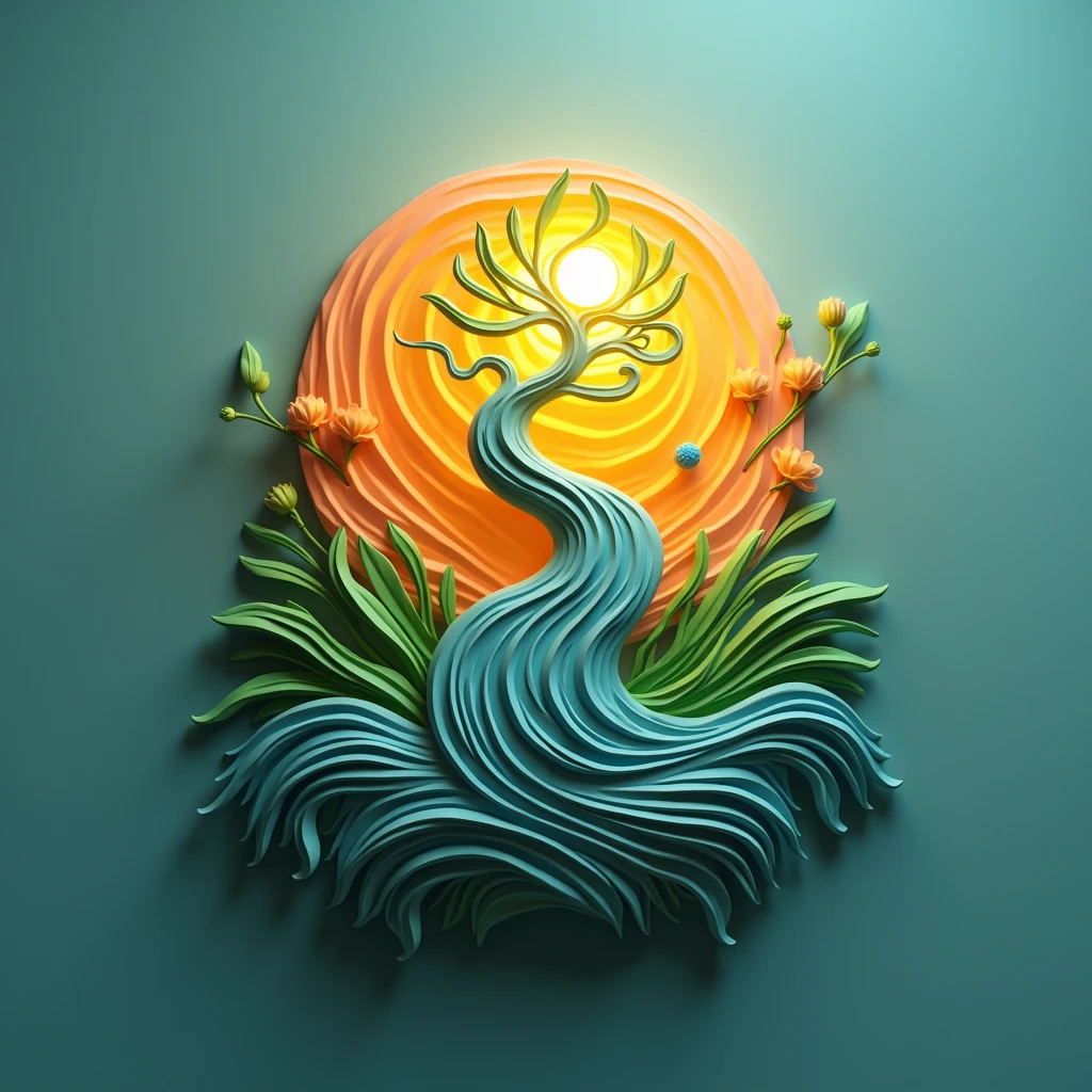 " Design an eye-catching 3D logo  ,  striking 3D logo for a page focused on self-improvement and motivation ,  creating an instant connection that attracts viewers .  The logo should feel alive ,  using flowing ,  organic shapes like a twist ,  an upward spiral tree that merges with a bright sun ,  symbolizing unstoppable growth and new beginnings .  The 3D design should add depth and movement ,  giving the illusion of progression ,  as if the elements were rising or expanding towards the viewer . Soothing mix ,  blue and green gradients for calm and harmony ,  with shocking gold highlights u orange to radiate energy , optimism, and strength.  Every curve and texture must be designed to capture Attention ,  making the logo impossible to ignore and evoking a powerful sense of hope and empowerment."