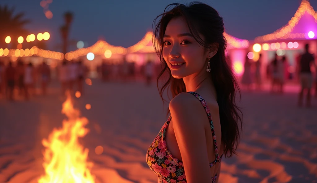 "At the beach at night、Beautiful women in swimsuits sitting around a bonfire。They are relaxing、It exudes a sensual atmosphere。The warm light of the bonfire reflects on my skin、A beautiful expression and a gentle smile。