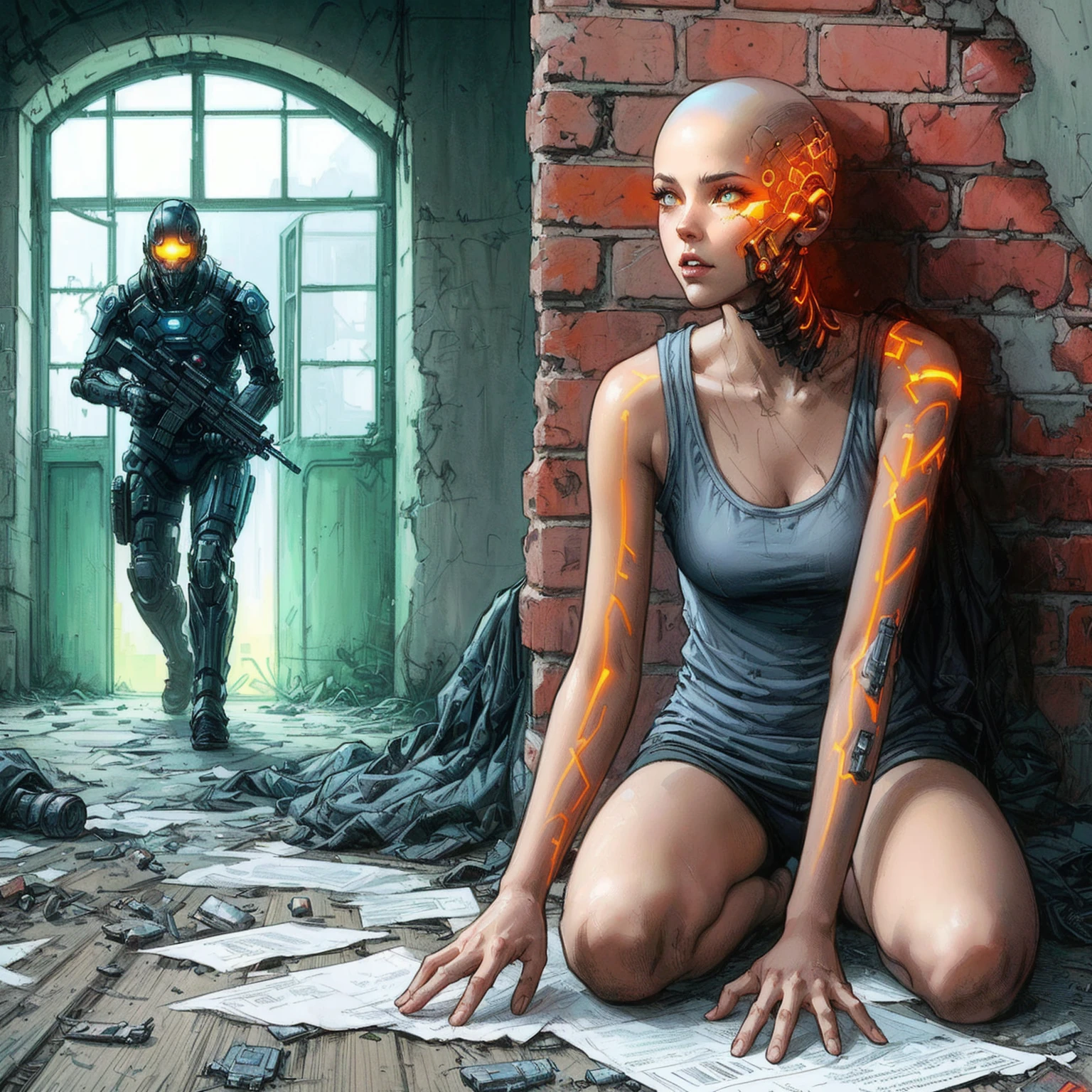 (Masterpiece), (wearing biofusion armor), (stump severed arm), upper body poster, super detailed facial expressions, ultra-clear face like crystal version of beautiful eyes, holding a pistol, behind the slain monster, best quality, 1 girl, pale skin with silver-white hair, tied up hair, black eyes, glowing eyes, creepy, blood on face, blood on clothes, walking, falling, hanging arm, loose arm, mental hospital, corridor, darkness, lighting, creepy, scary, twinkling lights, blood, horror, dim light,