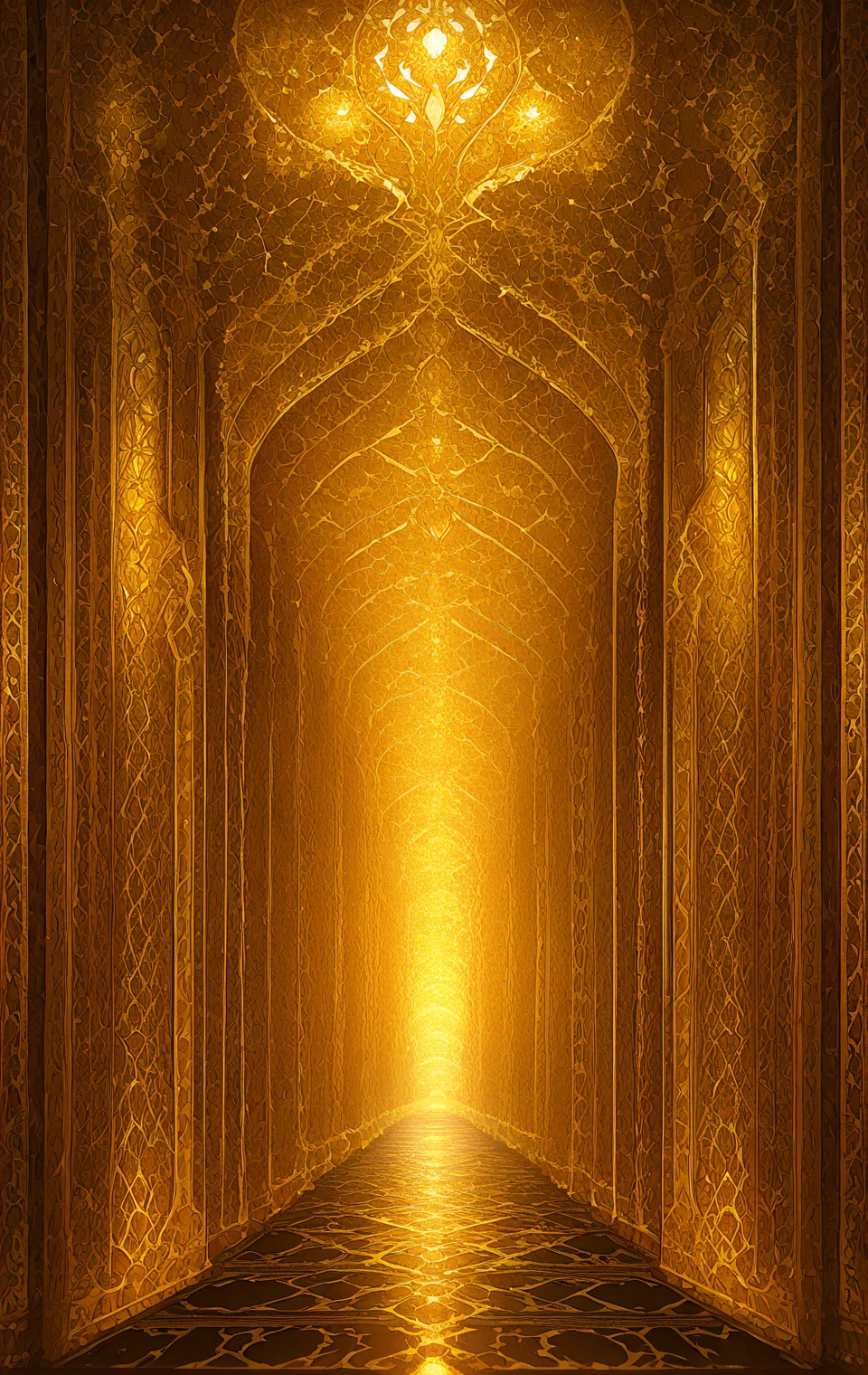 A captivating scene set within a golden corridor, where a long passage stretches before the viewer, glowing with a warm, radiant golden light. The walls and floor of the corridor shimmer with intricate patterns, reflecting light in mesmerizing ways. The passage seems to go on endlessly, inviting the viewer to imagine what lies at the far end. The atmosphere is filled with a sense of mystery and adventure, evoking curiosity about the secrets hidden within. Styled as an anime movie poster, the composition features vivid colors, cinematic lighting, and detailed artwork that highlights the grandeur and enigmatic allure of the golden corridor. No humans are present, allowing the focus to remain solely on the stunning environment and its mystical allure.