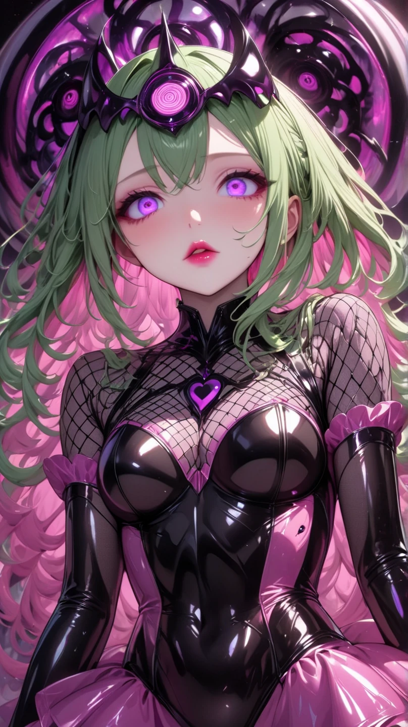  Young Beautiful Woman,( best quality, very detailed depiction, incredible high resolution,High quality anime drawings),(Magical girl costume based on black and pink, latex bodysuit ,Body net suit, black tights, thigh-high boots),( green hair,Swirling Eyes,Purple Eyes, Hollow Eyes, mind control :1.3,hypnotism,Glossy lips, glamorous body, slender,stoic,Empty look,Fall,Fallen into evil,Being manipulated,Beautiful legs, healthy legs), cowboy shot:1.3