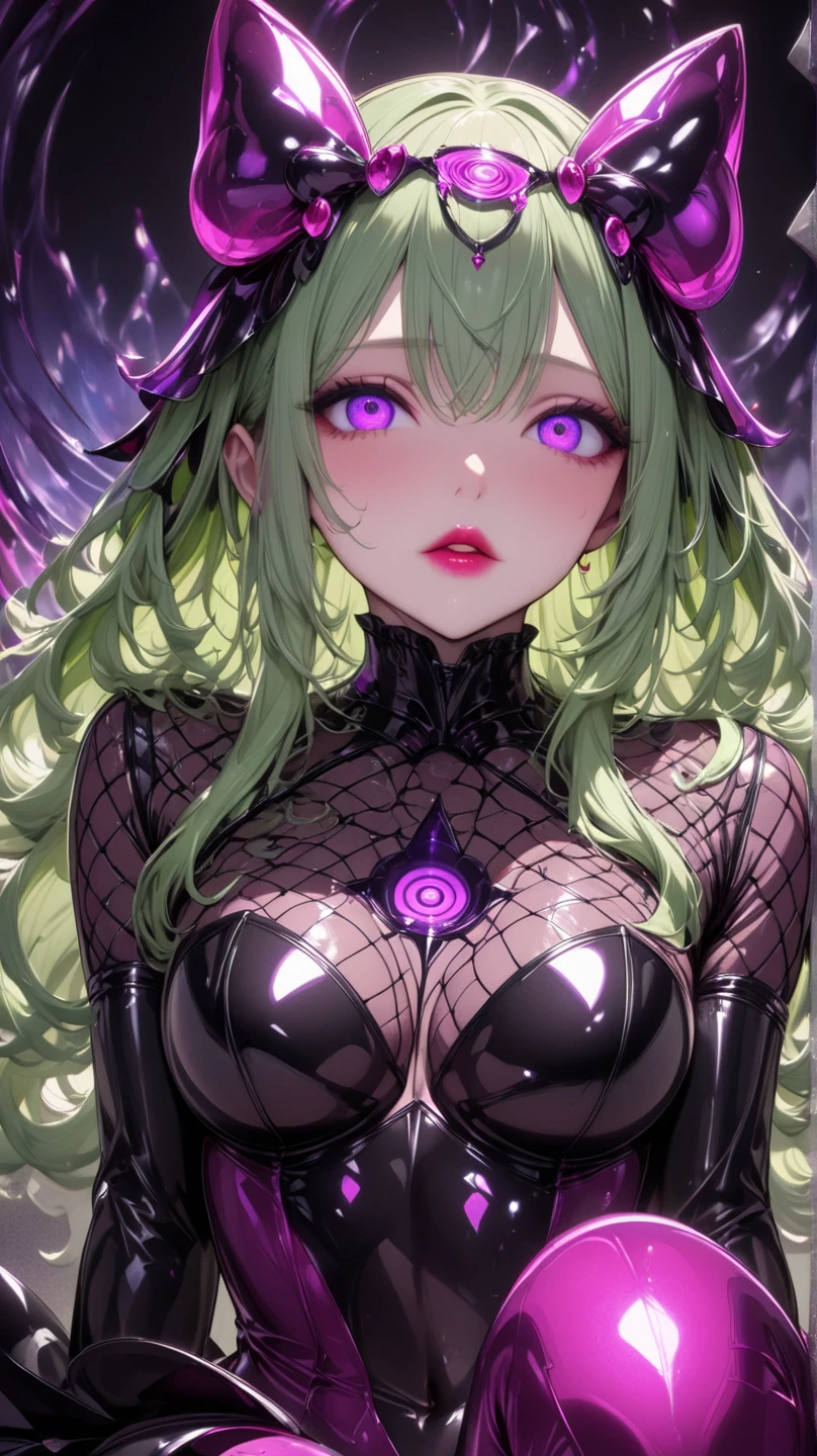  Young Beautiful Woman,( best quality, very detailed depiction, incredible high resolution,High quality anime drawings),(Magical girl costume based on black and pink, latex bodysuit ,Body net suit, black tights, thigh-high boots),( green hair,Swirling Eyes,Purple Eyes, Hollow Eyes, mind control :1.3,hypnotism,Glossy lips, glamorous body, slender,stoic,Empty look,Fall,Fallen into evil,Being manipulated,Beautiful legs, healthy legs), cowboy shot:1.3