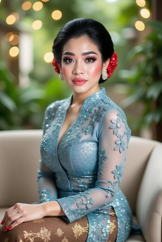 An elegant Indonesian woman sits gracefully on a beige couch in an outdoor setting. She wears a shimmering transparent blue kebaya with detailed floral lacework and transparent long sleeves, combined with a traditional brown and gold batik skirt. Her makeup highlights her features with pink blush, full eyebrows, and coral lips. Her black hair is neatly tied back in a bun, decorated with red flowers. The background is filled with soft-focus greenery and warm, ambient bokeh lights.
