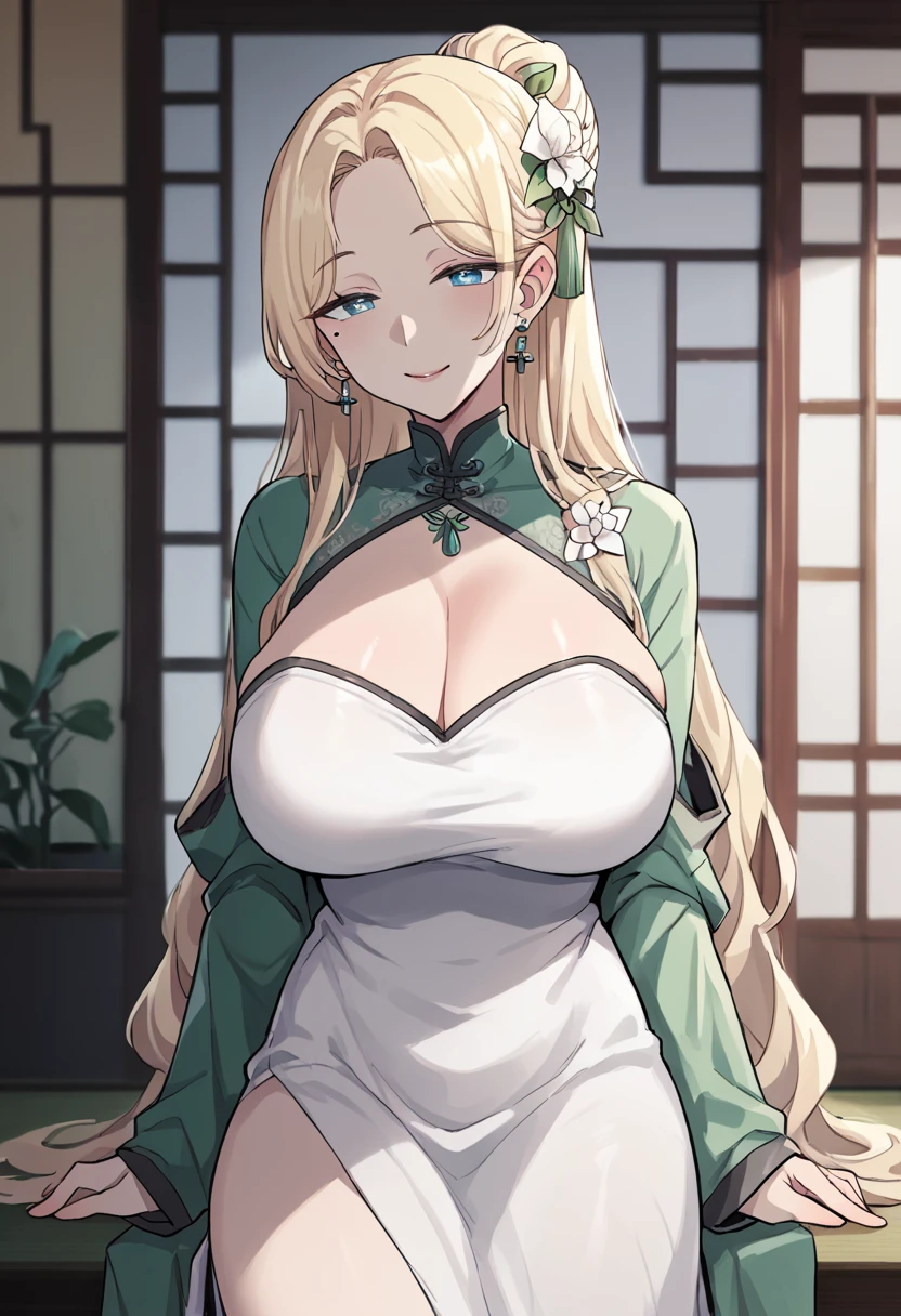 score_9, score_8_up, score_7_up, score_6_up, score_5_up, score_4_up, source_anime, 
half smile, mixed_artwork style, (detailed eyes), (Mature woman), beautiful woman, big breasts, blonde long hair, hair tied on back, (white dress inside, oriental green dress, murim, cultivator), blue eyes, mole under eye, huge body, white flower on hair