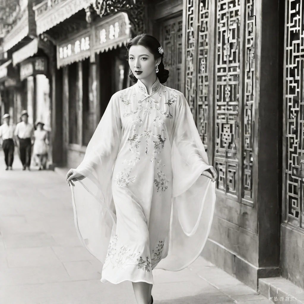 High-resolution black-and-white photograph of a Chinese woman in a Chinese dress walking through the streets of Shanghai in the 1930s. She is tall and model-like in appearance with a beautiful face and long legs.