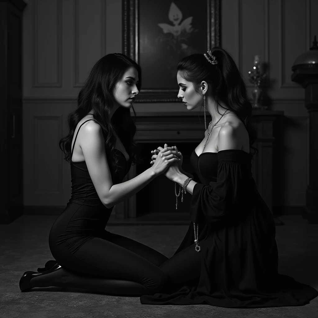 Inside an Italian castle, Italian woman, smearing chicken blood and lard all over her young age daughter's body, daughter is infected with demonic virus, mother is attempting to exorcise the disease, mother is wearing a black dress, nylons, daughters is wearing thin skin tight wet white leotards, lard is thick and runny, chicken guts, chicken heads and feet, feathers, skin is covered in baby oil, long black wavy hair, children's bedroom, candles, wine bottles, house plants, carpet, erotic mood, Balthus, Frazetta, Milo Manara, Jean Giraud, dark pin up vibe, Satanic atmosphere, lurid vivid colors, cinematic and volumetric lighting, Technicolor, blue and orange tint, diffused crimson back lighting, intricate details, Fumetti comic books style, best quality, masterpiece, HD, 8X, good hands, good bodies, attention to detail, retro illustration style, classic European horror movie style, NSFW